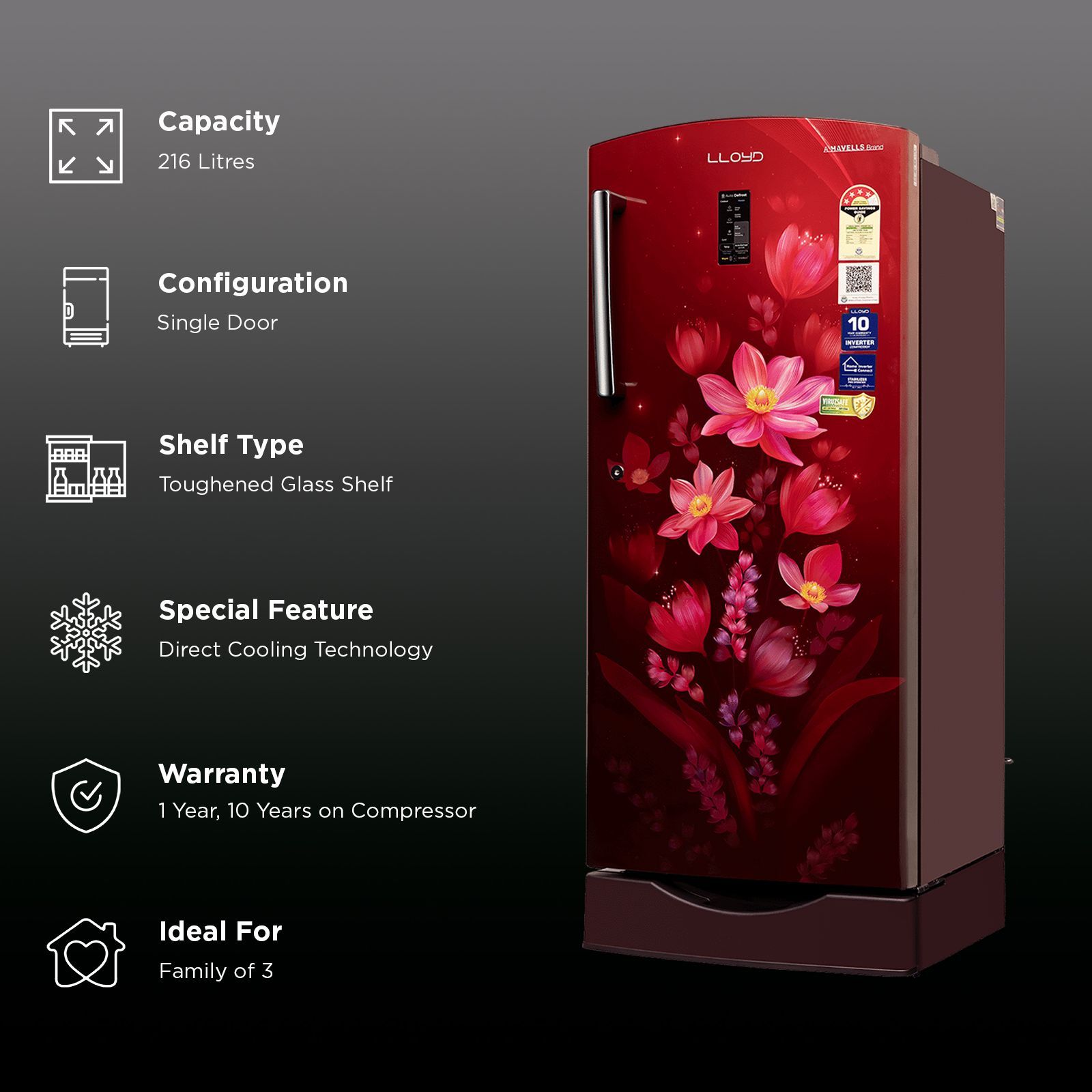 LLOYD 216 Litres 4 Star Direct Cool Single Door Refrigerator with Auto Defrost (GLDF244SOWB2LC, Ornate Wine)_2