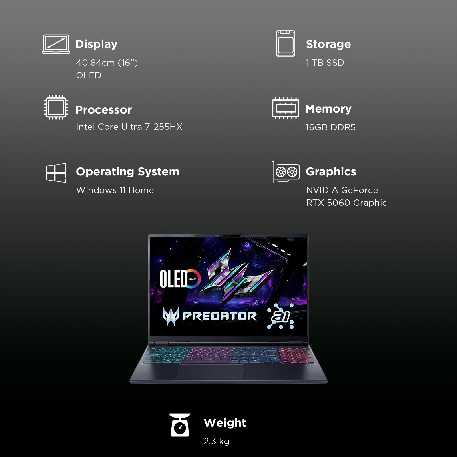 Acer Predator Helios Neo 16S PHN16S-71 Intel Core Ultra 7 Gaming Laptop (16GB, 1TB SSD, Windows 11 Home, 8GB Graphics, 16 inch 240 Hz OLED Display, NVIDIA GeForce RTX 5060, Abyssal Black, 2.3 KG)_3