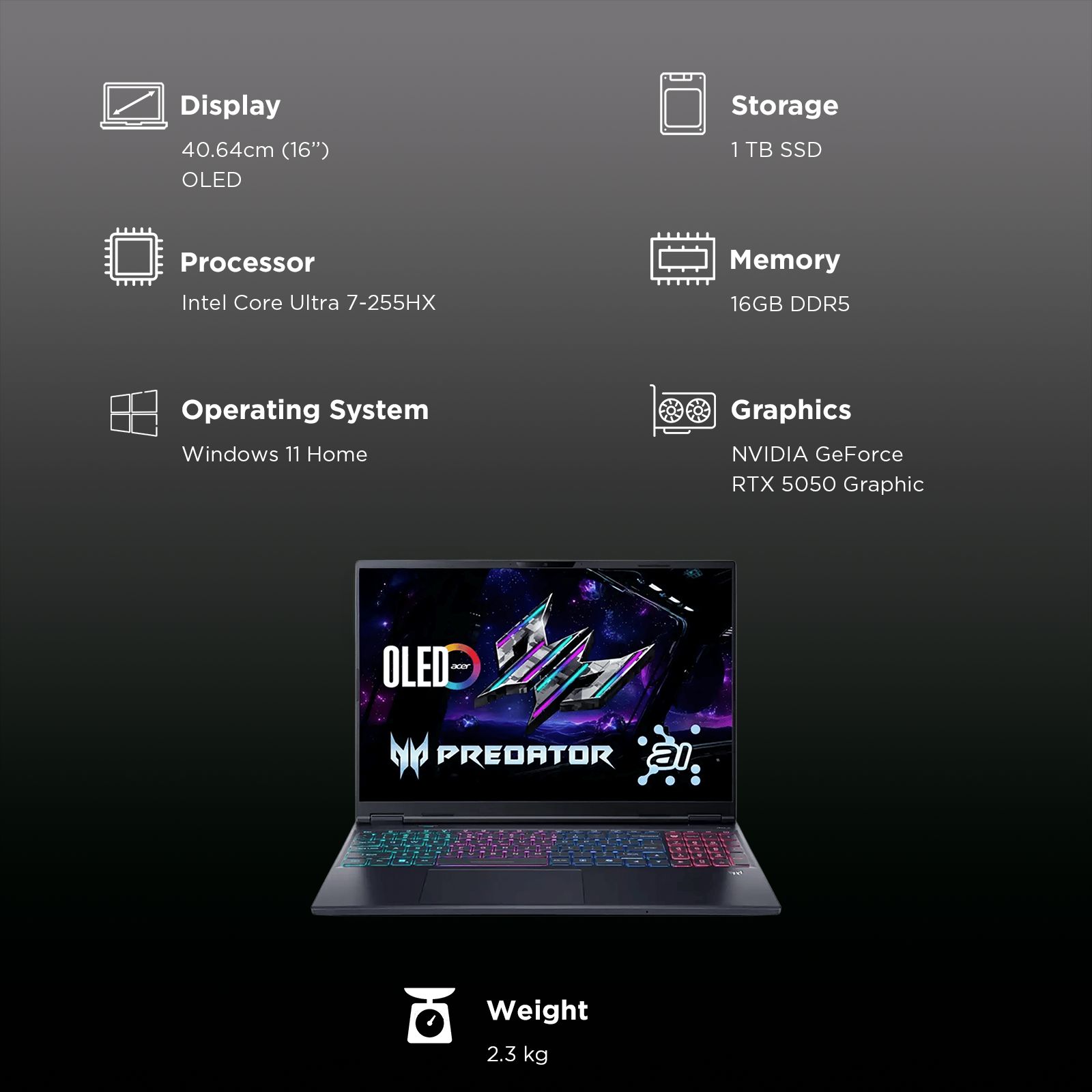 Acer Predator Helios Neo 16S PHN16S-71 Intel Core Ultra 7 Gaming Laptop (16GB, 1TB SSD, Windows 11 Home, 8GB Graphics, 16 inch 240 Hz OLED Display, NVIDIA GeForce RTX 5050, Abyssal Black, 2.3 KG)_3