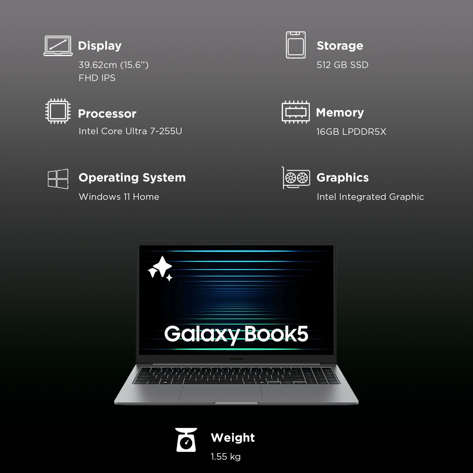 SAMSUNG Galaxy Book5 Intel Core Ultra 7 Thin & Light Laptop (16GB, 512GB SSD, Windows 11 Home, 15.6 inch Full HD IPS Display, MS Office Home 2024, Gray, 1.55 KG)_3