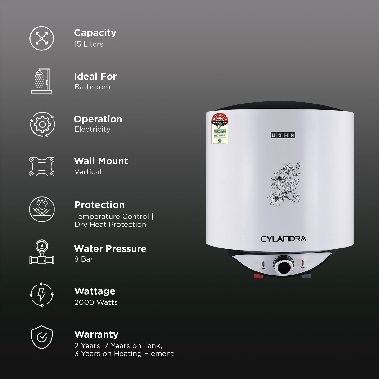 USHA Cylandra 15 Litre 5 Star Vertical Storage Geyser with Whirl Flow Technology (White)_2