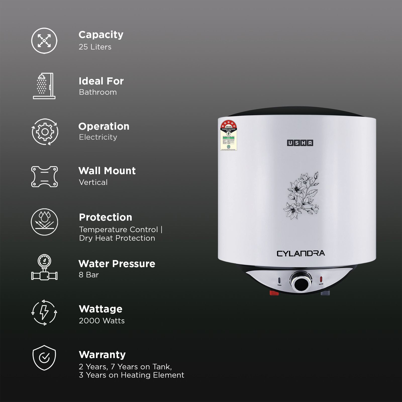 USHA Cylandra 25 Litre 5 Star Vertical Storage Geyser with Whirl Flow Technology (White)_2