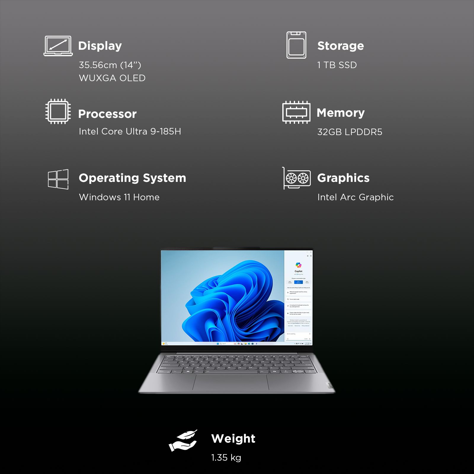 Lenovo Yoga Slim 7 14IMH9 Intel Core 9 Thin & Light Laptop (32GB, 1TB SSD, WIndows 11 Home, 14 inch WUXGA OLED Display, MS Office Home 2024, Luna Grey, 1.39 KG) Lenovo Yoga Slim 7 14IMH9 Intel Core 9 Thin & Light Laptop (32GB, 1TB SSD, WIndows 11 Home, 14 inch WUXGA OLED Display, MS Office Home 2024, Luna Grey, 1.39 KG)_3