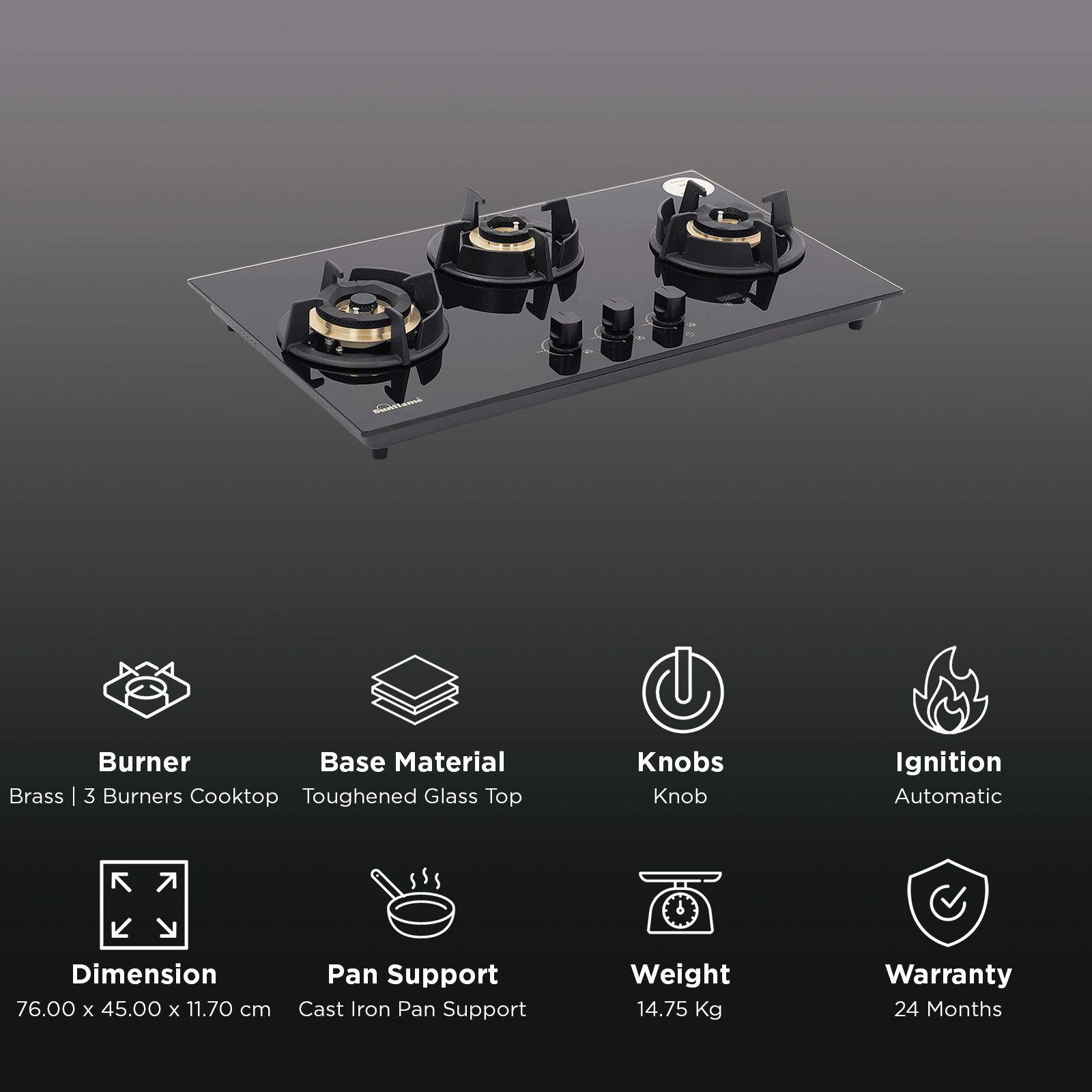 Sunflame SHA 376 UBR Toughened Glass Top 3 Burner Automatic Hob (Flame Failure Device, Black)_3