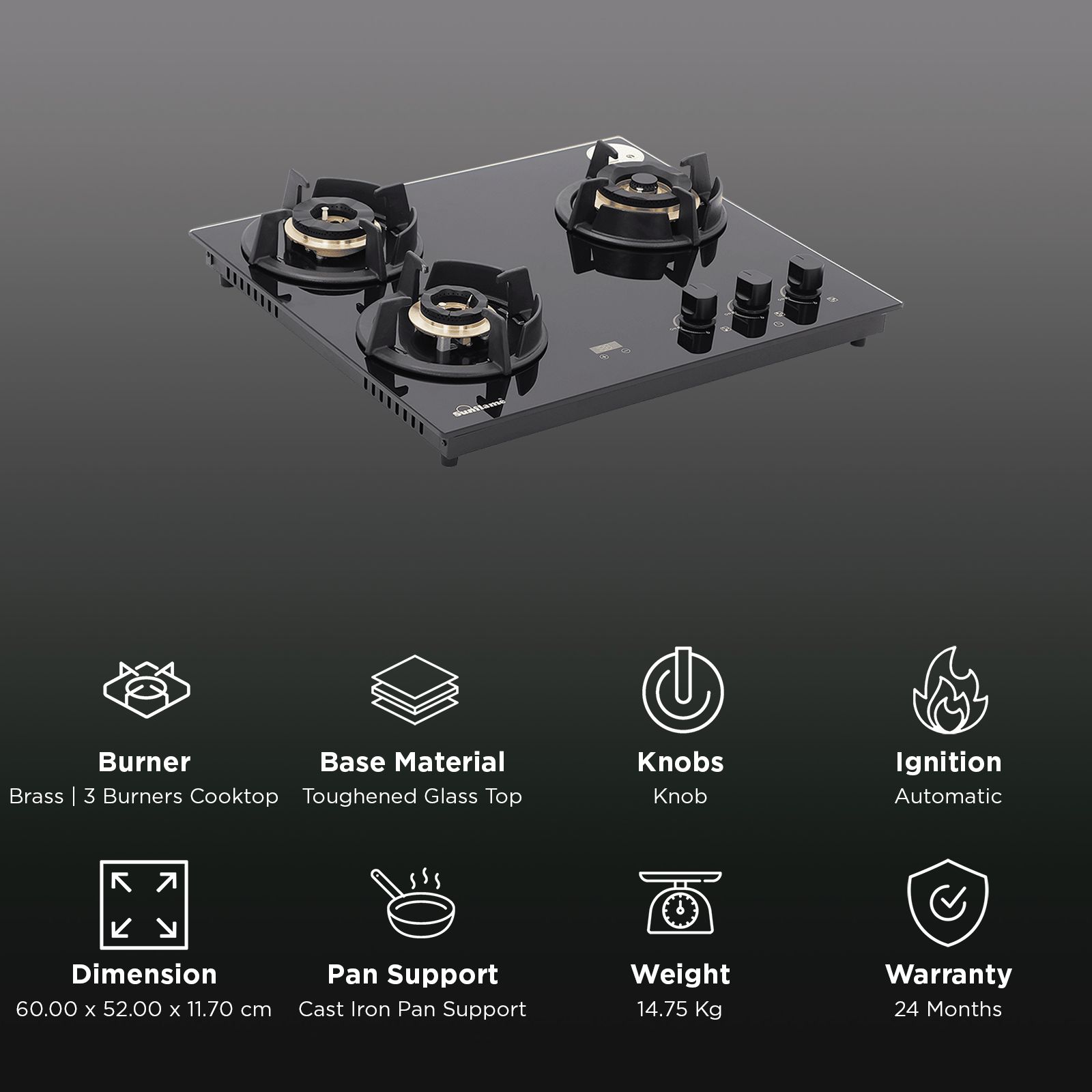 Sunflame SHA 360 UBR Toughened Glass Top 3 Burner Automatic Hob (Flame Failure Device, Black)_3