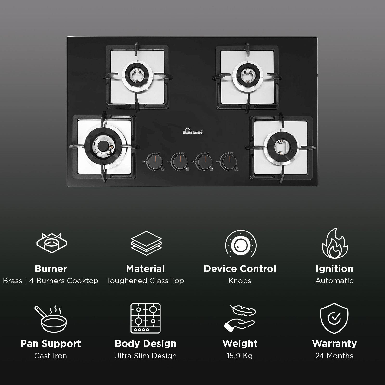 Sunflame SHA 476 PHS Tempered Glass Top 4 Burner Automatic Hob (Flame Failure Device, Black)_3