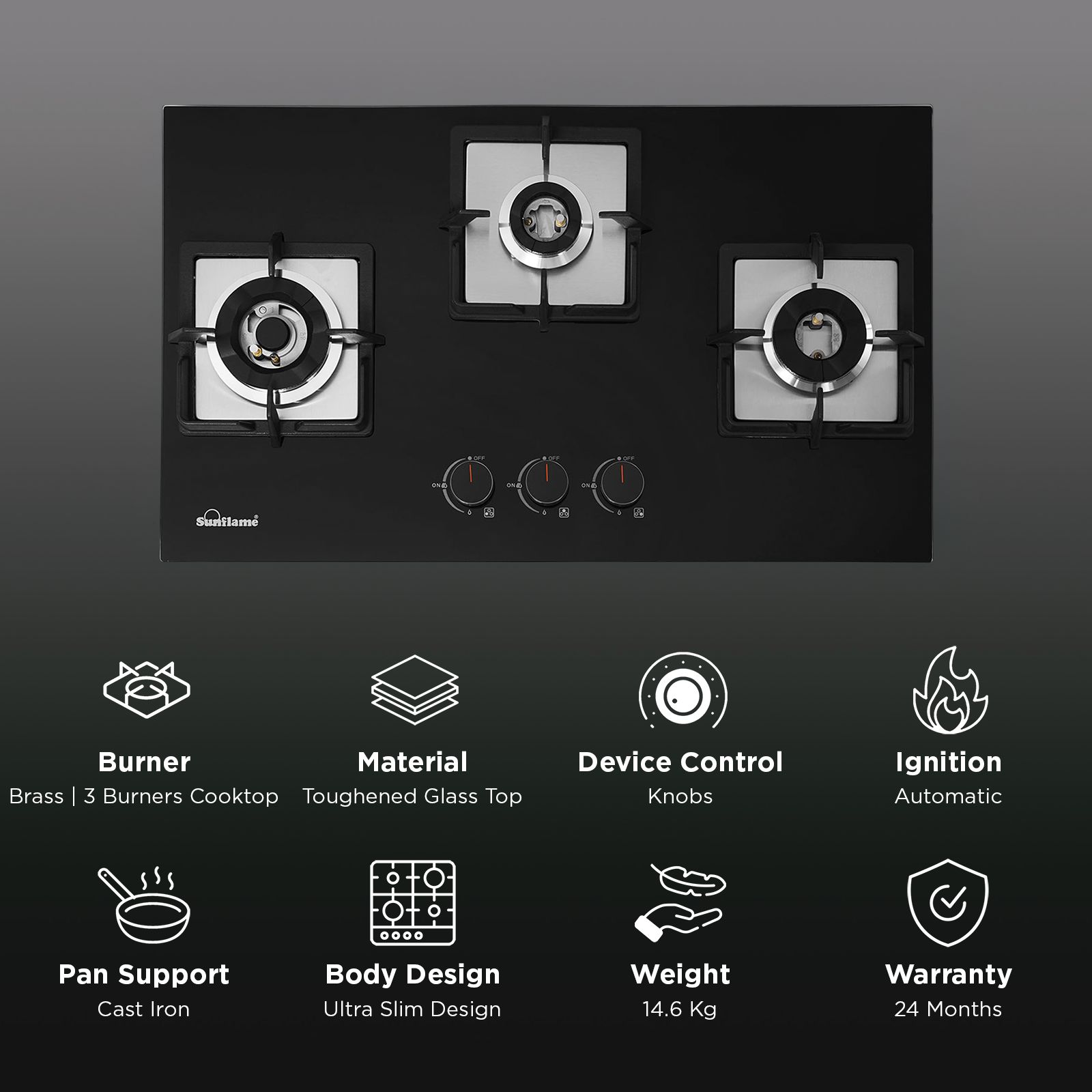 Sunflame SHA 376 PHS Tempered Glass Top 3 Burner Automatic Hob (Flame Failure Device, Black)_3