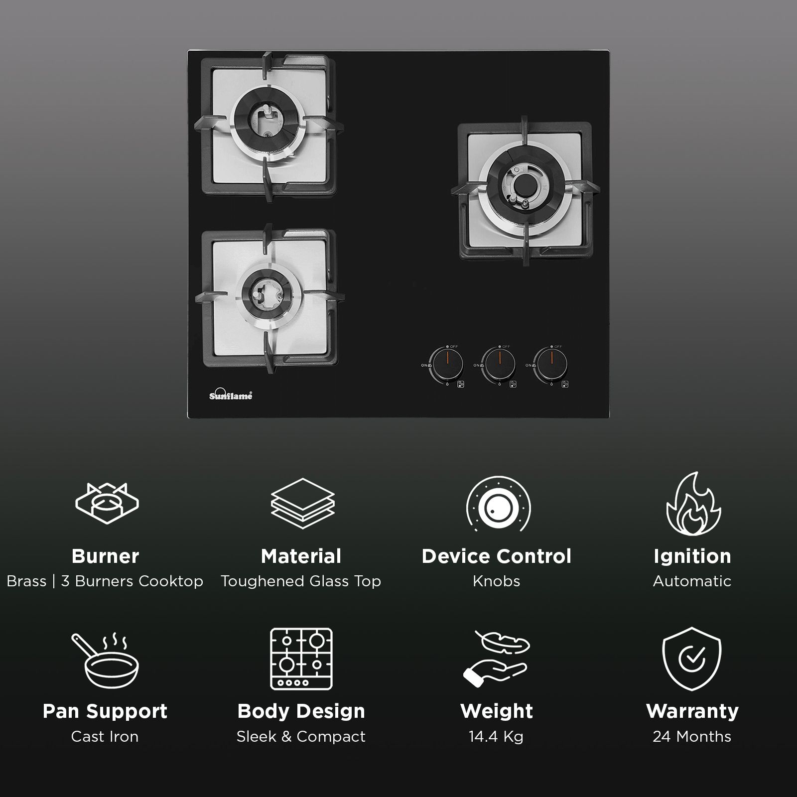 Sunflame SHA 360 PHS Tempered Glass Top 3 Burner Automatic Hob (Flame Failure Device, Black)_3