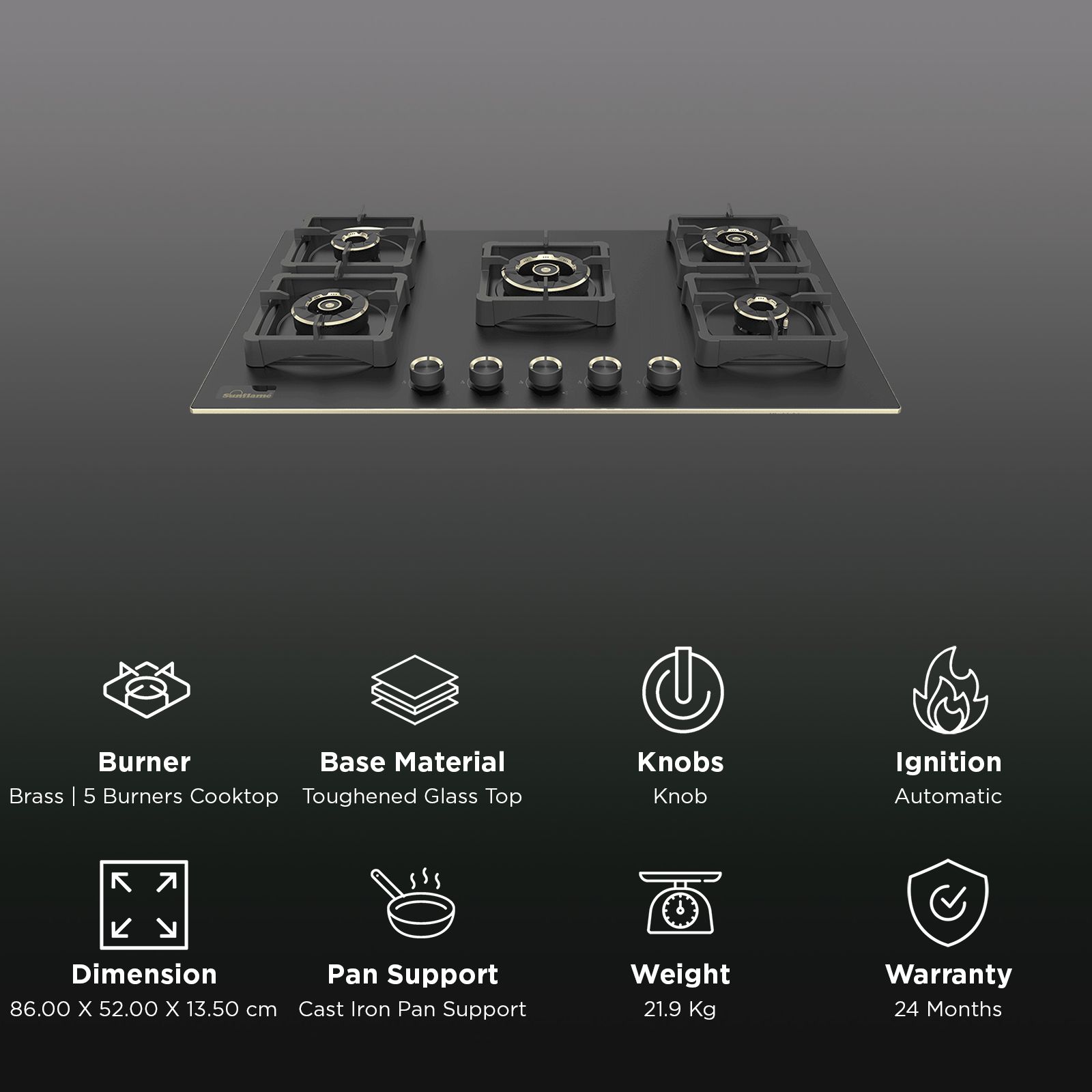 Sunflame SHA 586 SBS Toughened Glass Top 5 Burner Automatic Hob (Flame Failure Device, Black)_3