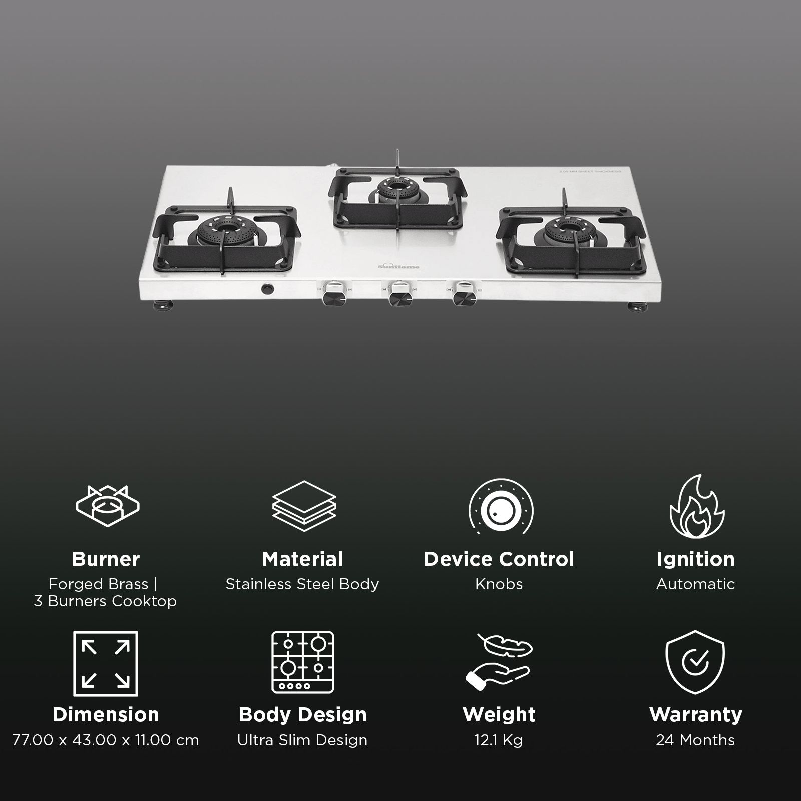 Sunflame SSS 3B AI 3 Burner Automatic Gas Stove (ISI Certified, Silver)_3
