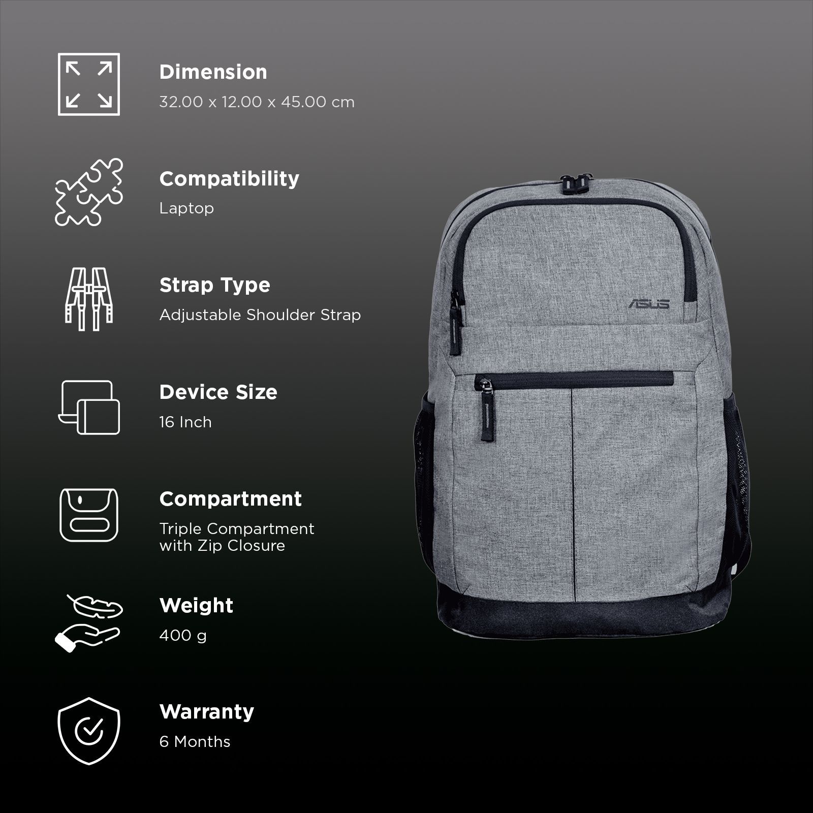 ASUS AP1601 Laptop Backpack for 16 Inch Laptop (Mesh Padded Back, Grey)_2