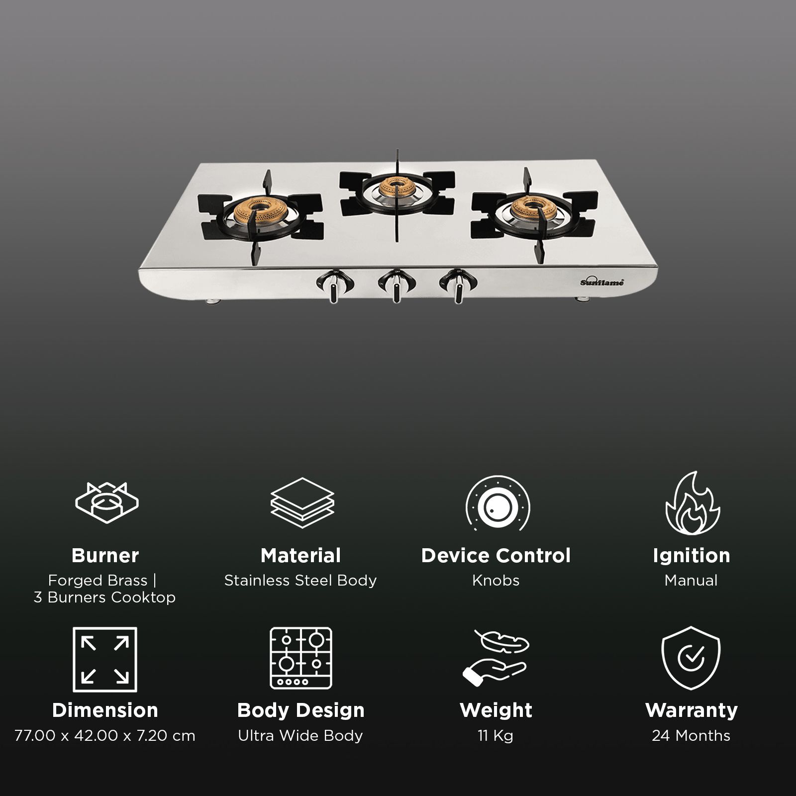 Sunflame SSH 2MM G/S 3 Burner Manual Gas Stove (ISI Certified, Silver)_3