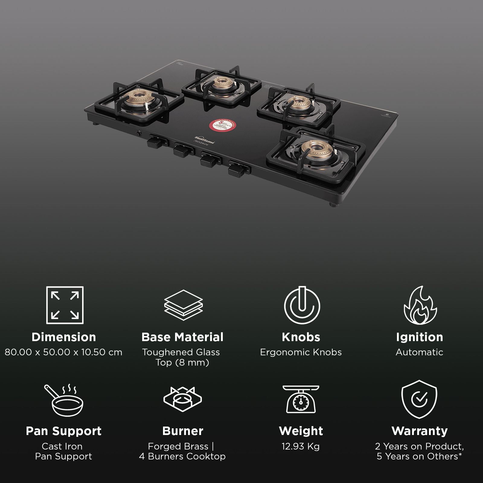 Sunflame SOLITAIRE Toughened Glass Top 4 Burner Automatic Gas Stove (ISI Certified, Black)_3