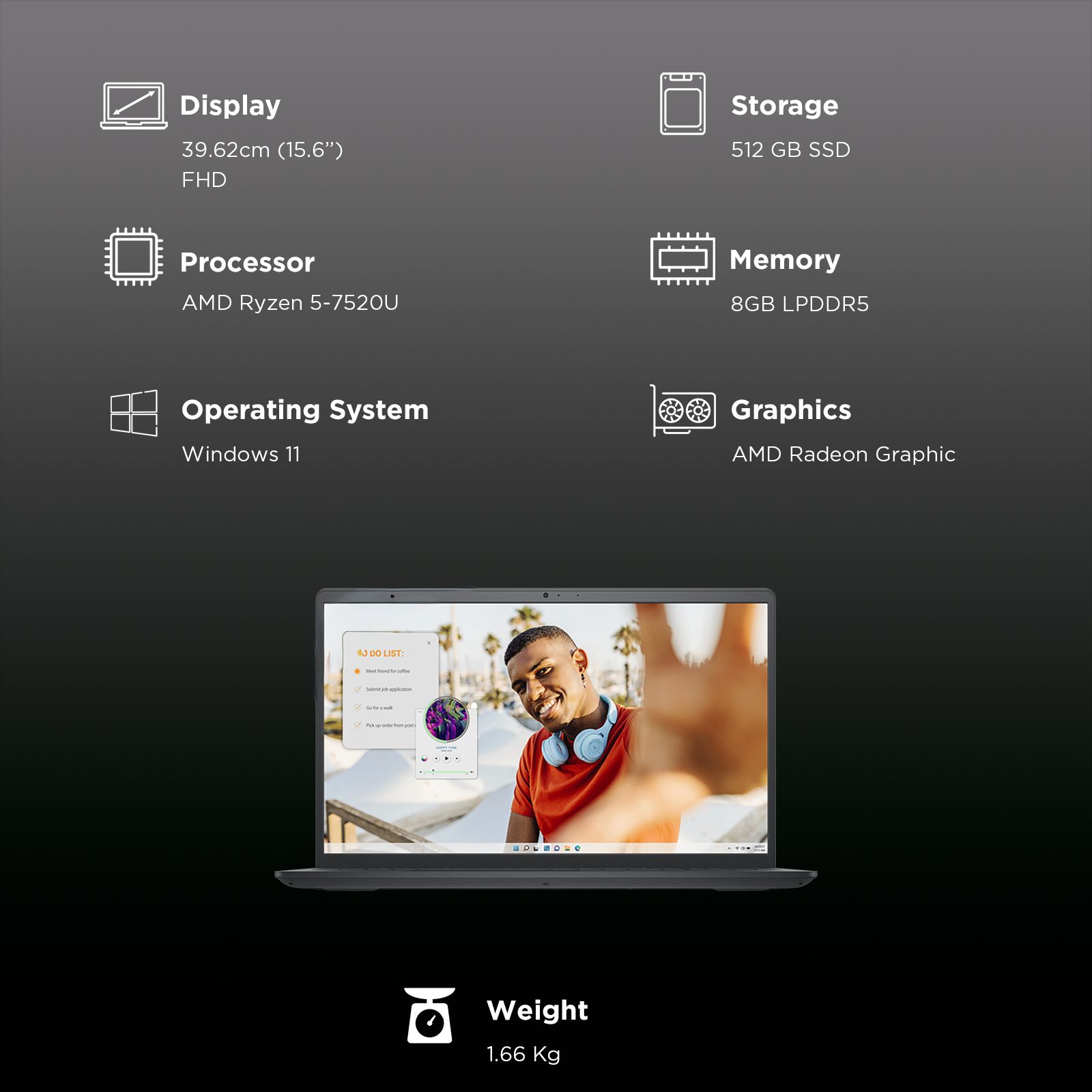 DELL DC15255 AMD Ryzen 5 Thin & Light Laptop (8GB, 512GB SSD, Windows 11, 15.6 inch Full HD Display, MS Office Home 2024, Carbon Black, 1.66 KG) DELL DC15255 AMD Ryzen 5 Thin & Light Laptop (8GB, 512GB SSD, Windows 11, 15.6 inch Full HD Display, MS Office Home 2024, Carbon Black, 1.66 KG)_3