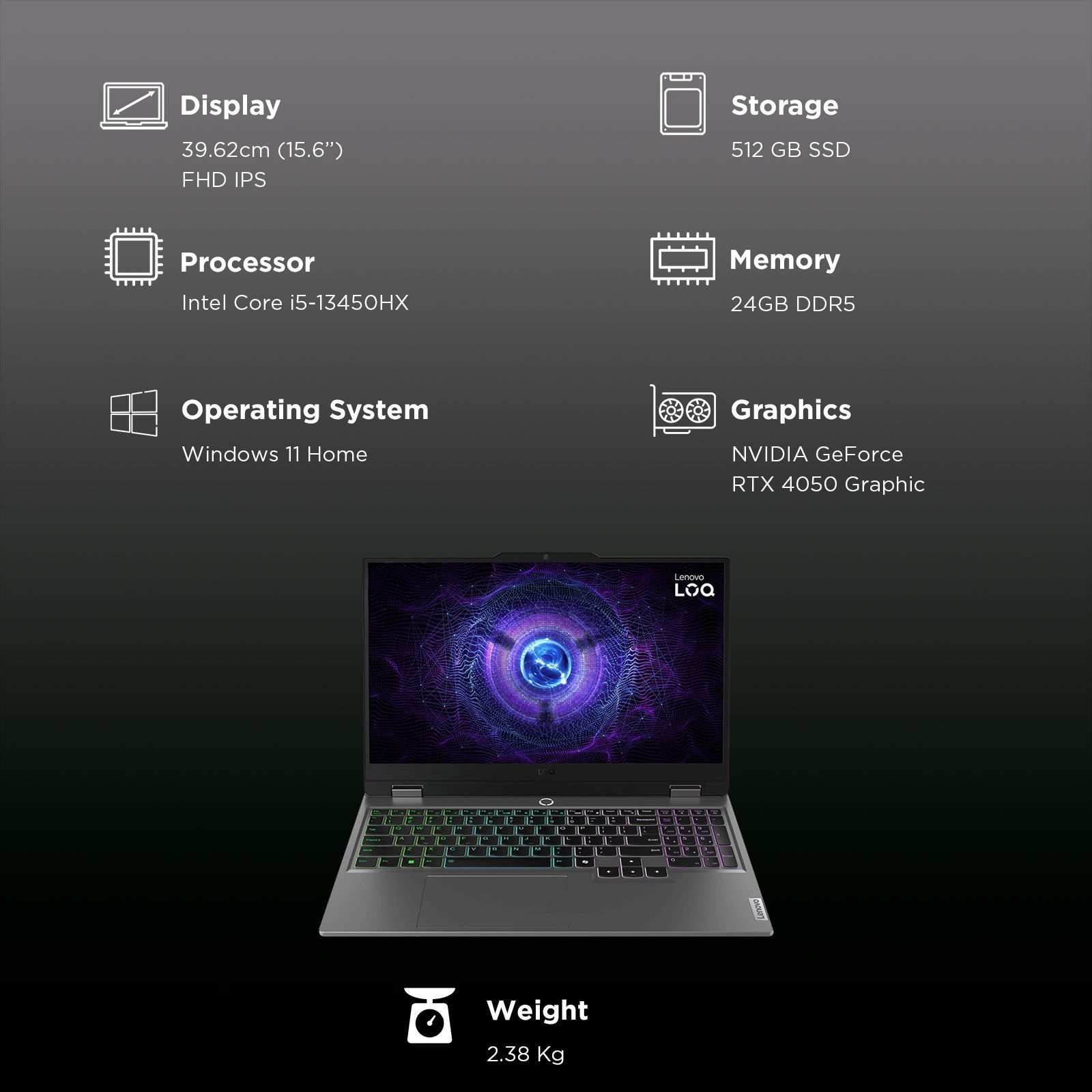 Lenovo LOQ 15IRX9 Intel Core i5 13th Gen Gaming Laptop (24GB, 512GB SSD, Windows 11 Home, 6GB Graphics, 15.6 inch 144 Hz Full HD IPS Display, NVIDIA GeForce RTX 4050, MS Office Home 2024, Luna Grey, 2.38 KG)_3