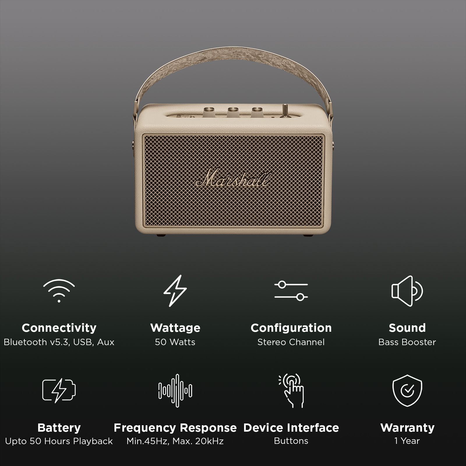 Marshall Kilburn 3 50W Portable Bluetooth Speaker (IP54 Dust & Water Resistant, 360 Degree Sound, Stereo Channel, Cream)_3
