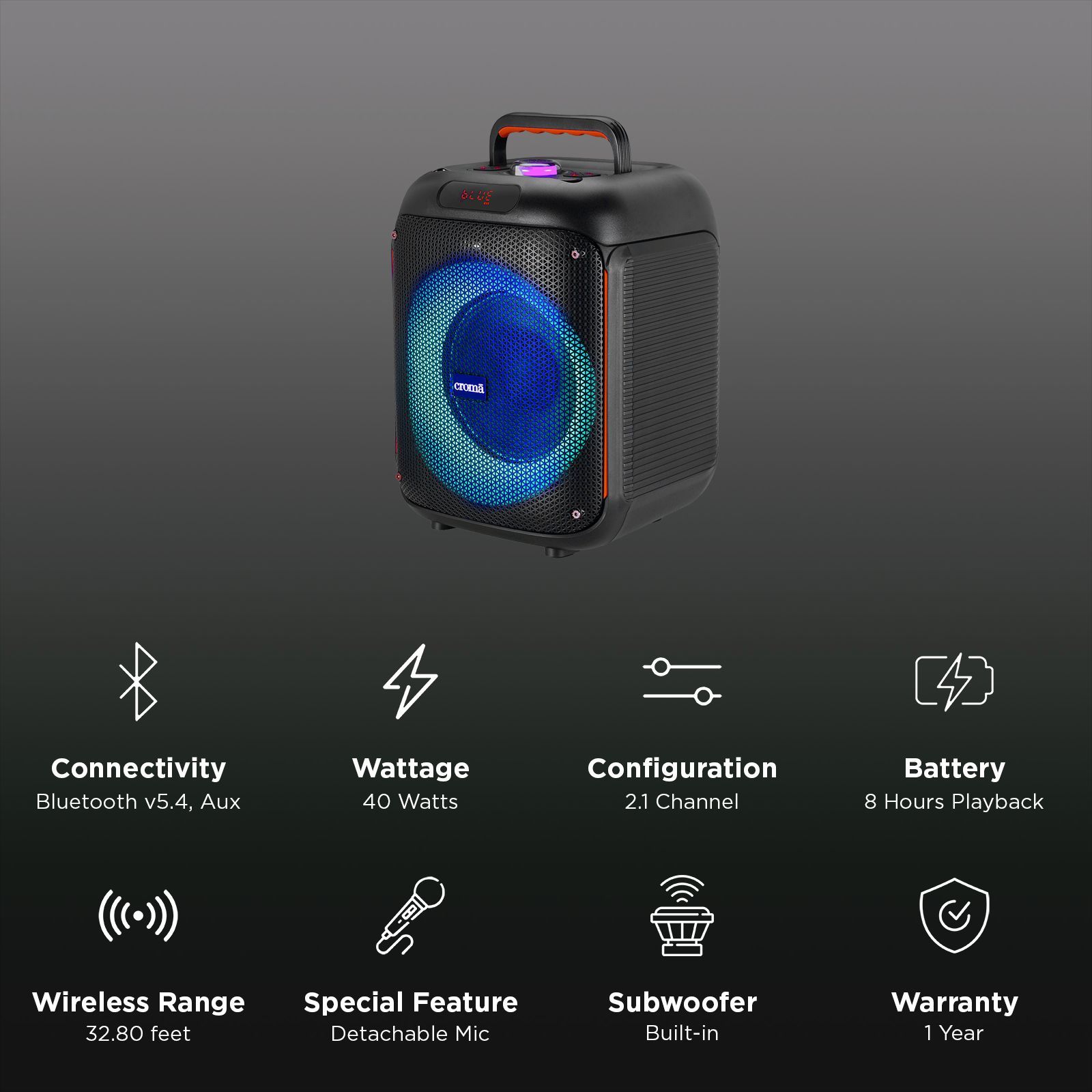 Croma 40W Bluetooth Party Speaker with Mic (RGB LED Lights, 2.1 Channel, Black)_2