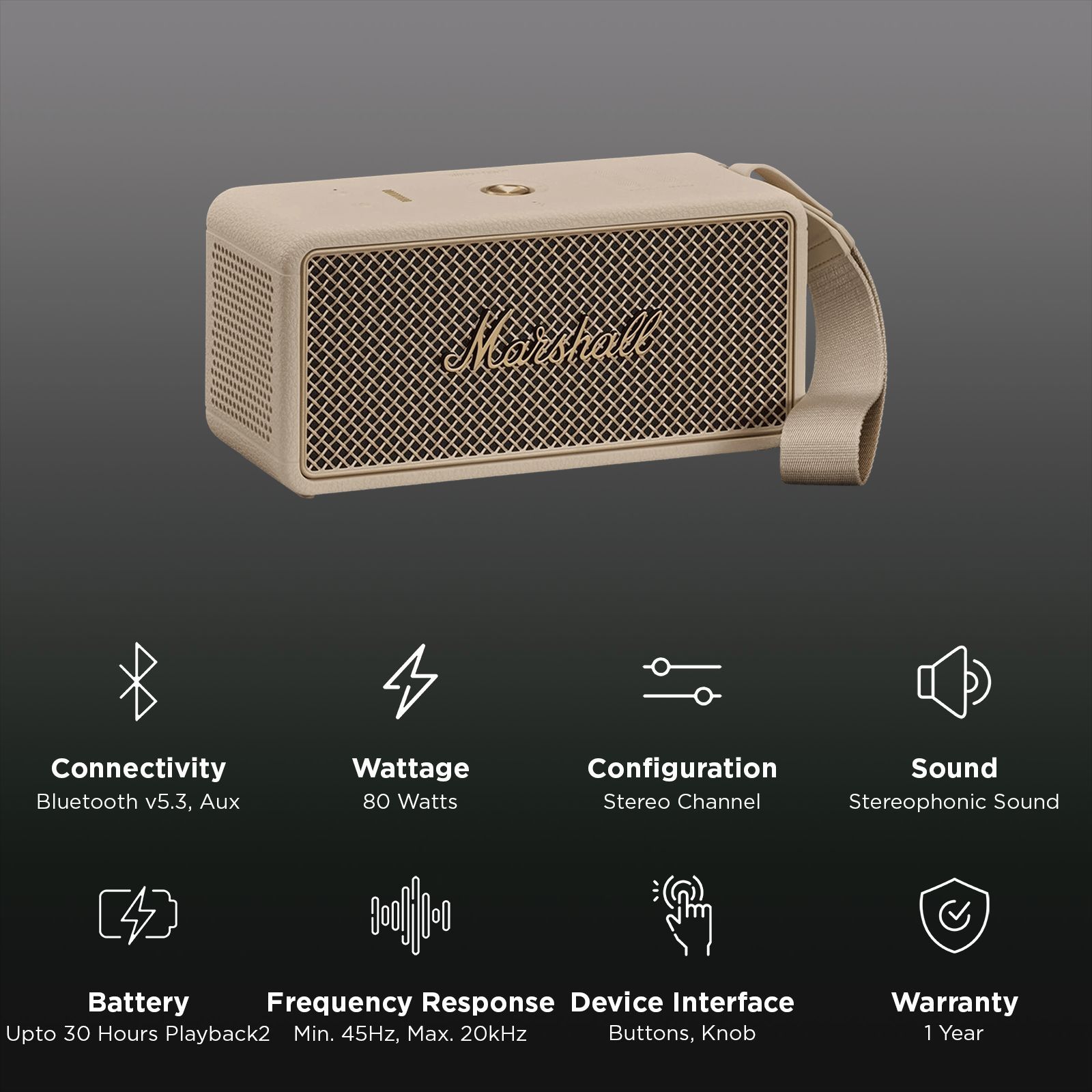 Marshall MIDDLETON 2 80W Portable Bluetooth Speaker (IP67 Water Resistant, True Stereophonic, Stereo Channel, Cream)_3