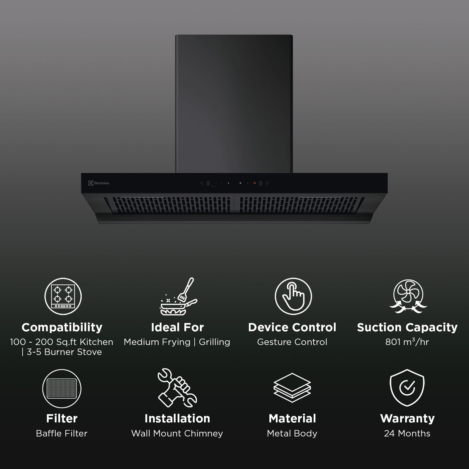 Electrolux 700 Series 90cm 801m3/hr Ducted Auto Clean Wall Mounted Chimney with Gesture Control (Black)_3