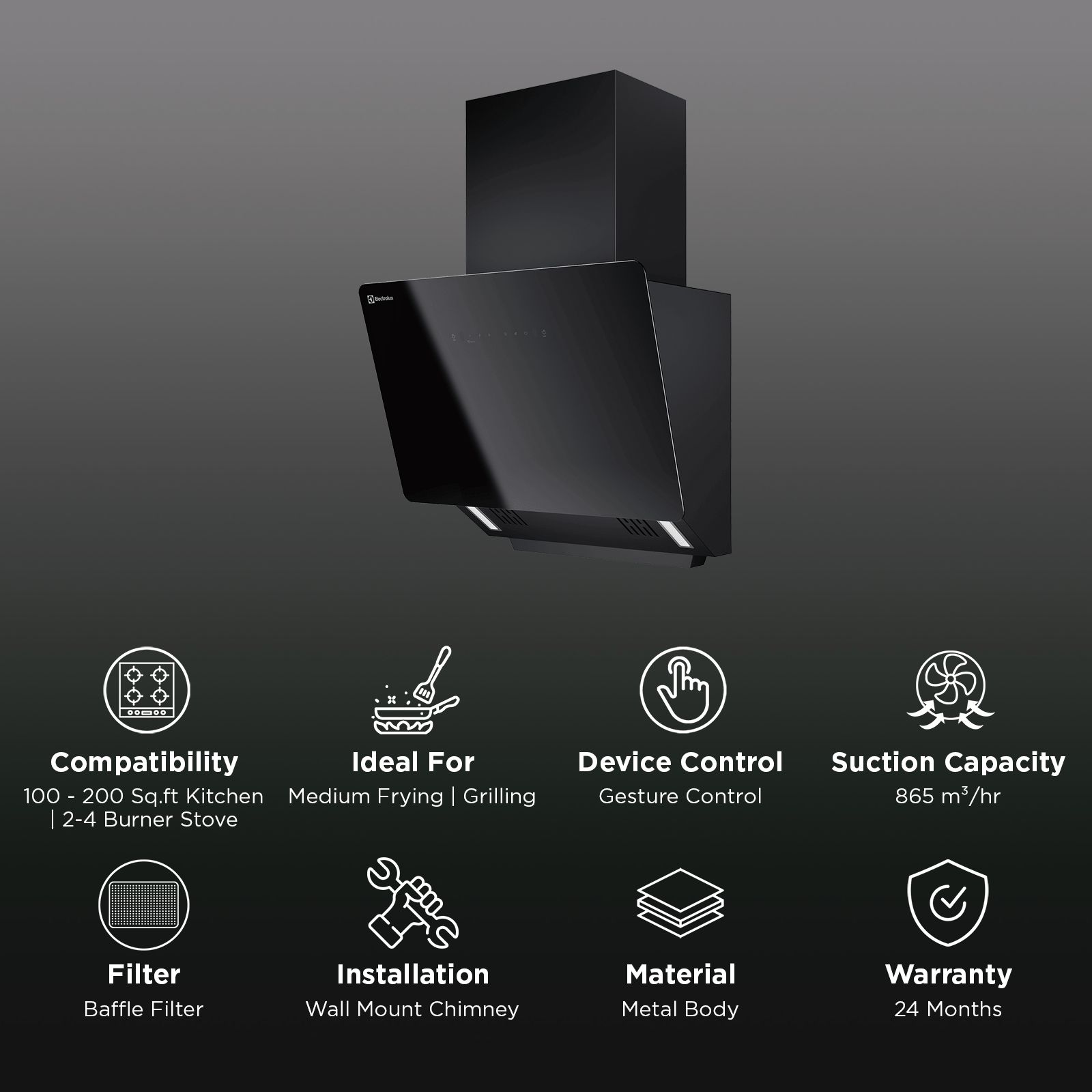 Electrolux 700 Series 60cm 865m3/hr Ducted Auto Clean Wall Mounted Chimney with Gesture Control (Black) Electrolux 700 Series 60cm 865m3/hr Ducted Auto Clean Wall Mounted Chimney with Gesture Control (Black)_3