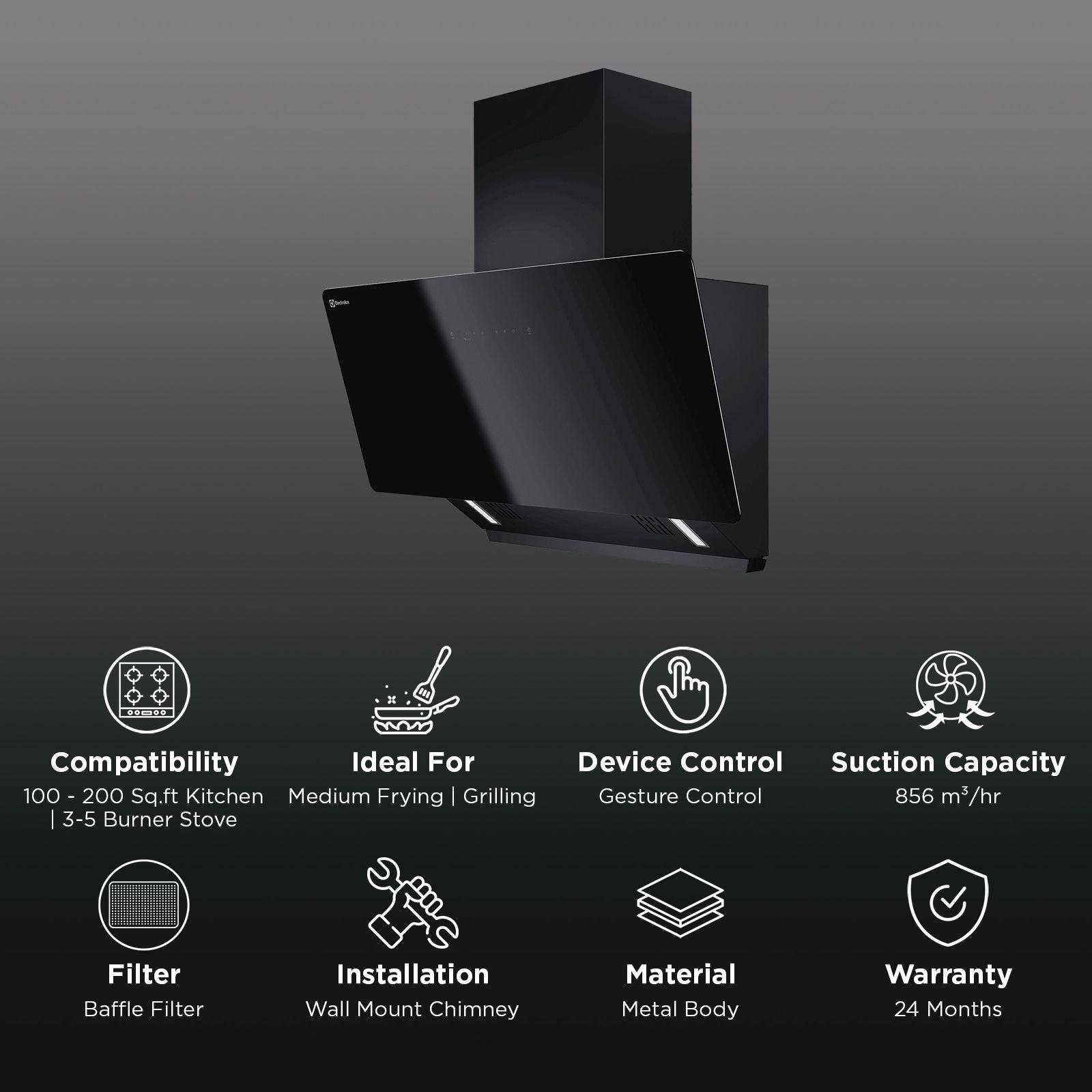 Electrolux 700 Series 90cm 856m3/hr Ducted Auto Clean Wall Mounted Chimney with Gesture Control (Black)_3