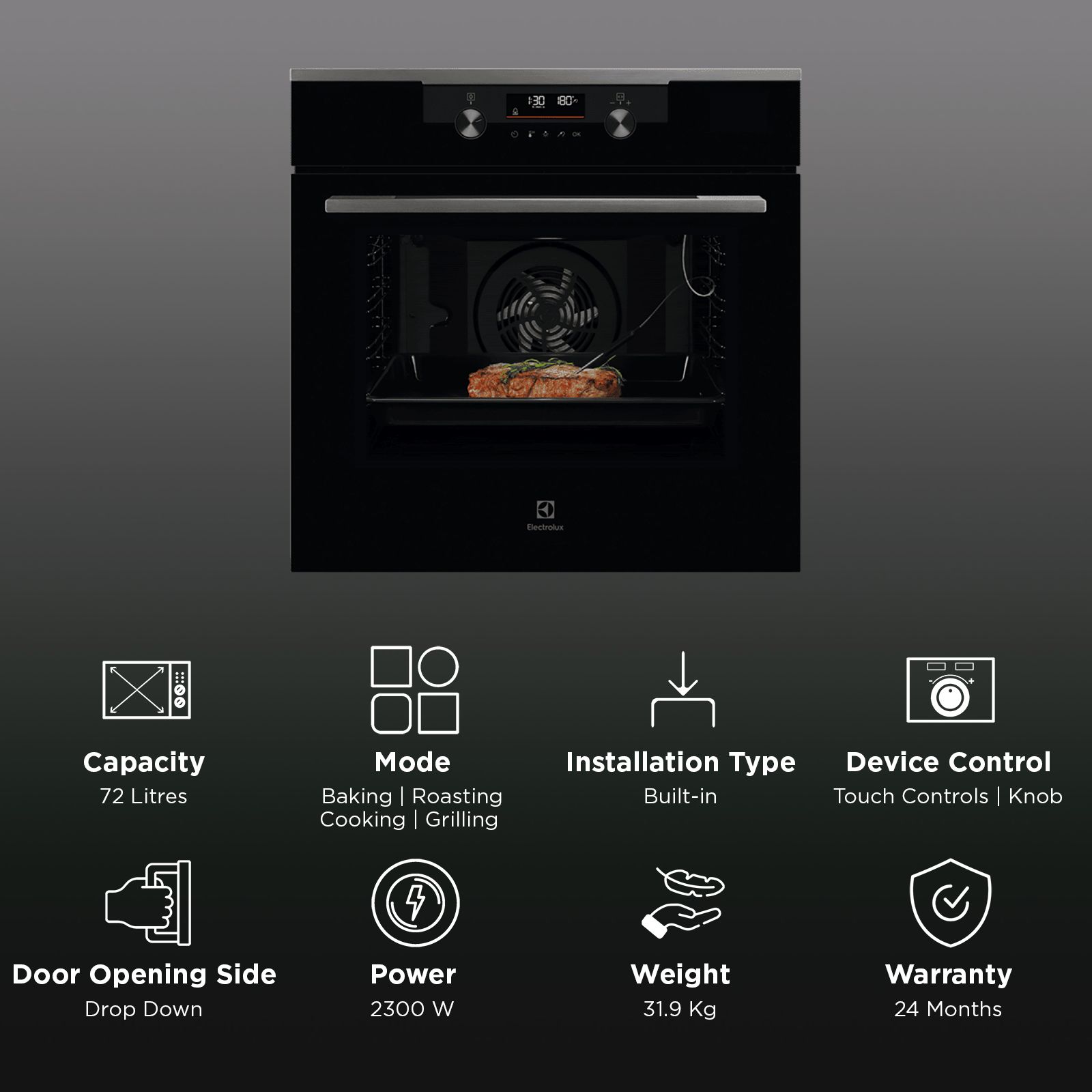 Electrolux 600 Series 72L 60cm Built-in Oven with 9 Functions (KODDP77H, Pure Black) Electrolux 600 Series 72L 60cm Built-in Oven with 9 Functions (KODDP77H, Pure Black)_3
