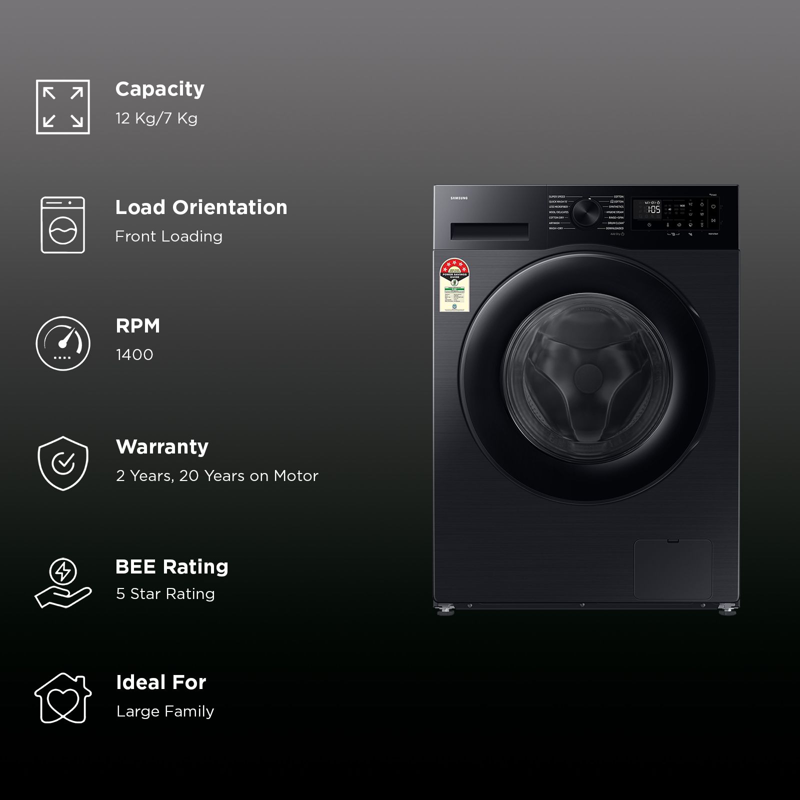 SAMSUNG 12/7 kg 5 Star Wi-Fi Inverter Fully Automatic Front Load Washer Dryer (5 Series, WD12FG5B34BBTL, Hygiene Steam, Black) SAMSUNG 12/7 kg 5 Star Wi-Fi Inverter Fully Automatic Front Load Washer Dryer (5 Series, WD12FG5B34BBTL, Hygiene Steam, Black)_2
