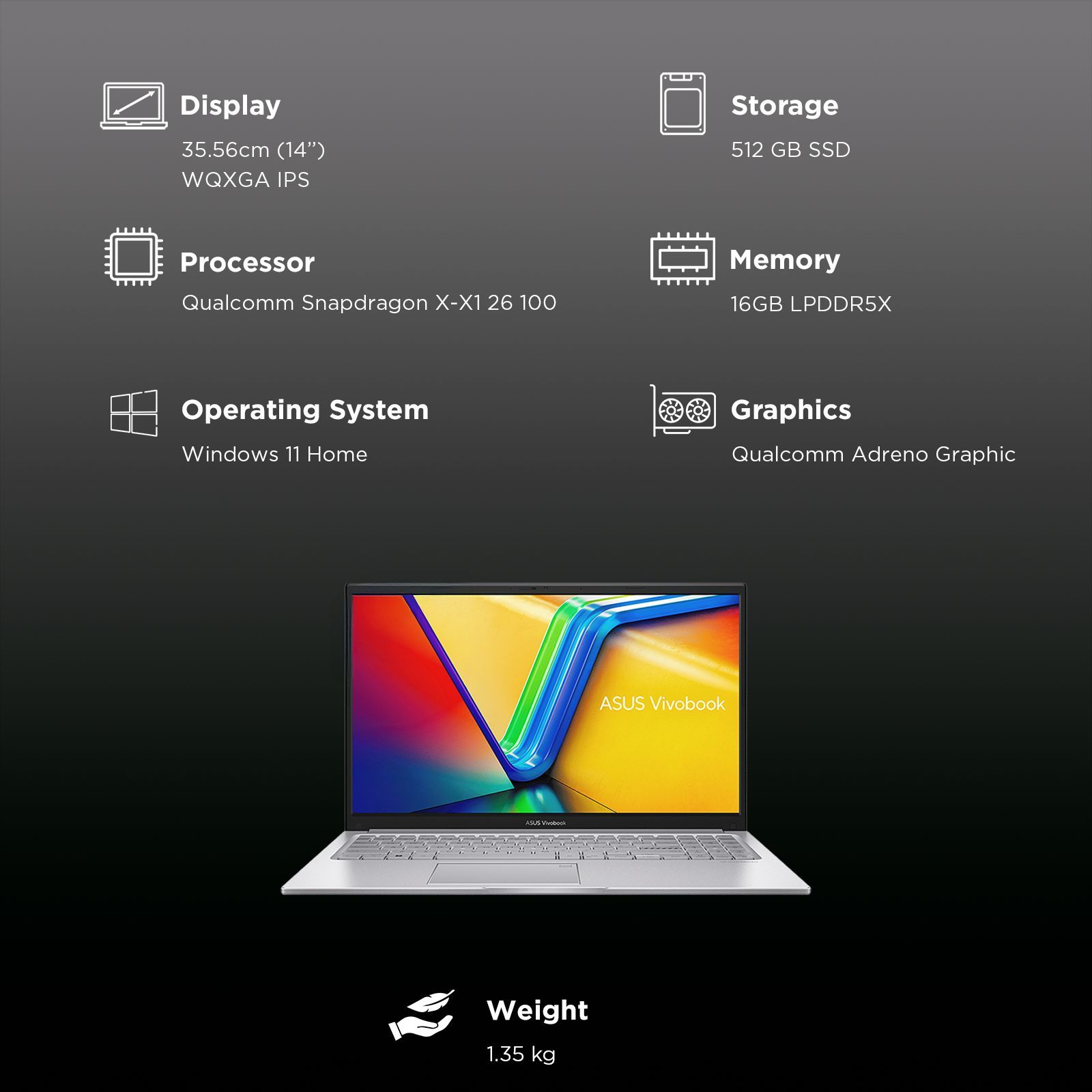 ASUS Vivobook S14 S3407QA-KP020WS Snapdragon X Thin & Light Laptop (16GB, 512GB SSD, Windows 11 Home, 14 inch 2.5K WQXGA IPS Display, MS Office Home 2024, Cool Silver, 1.35 KG)_3