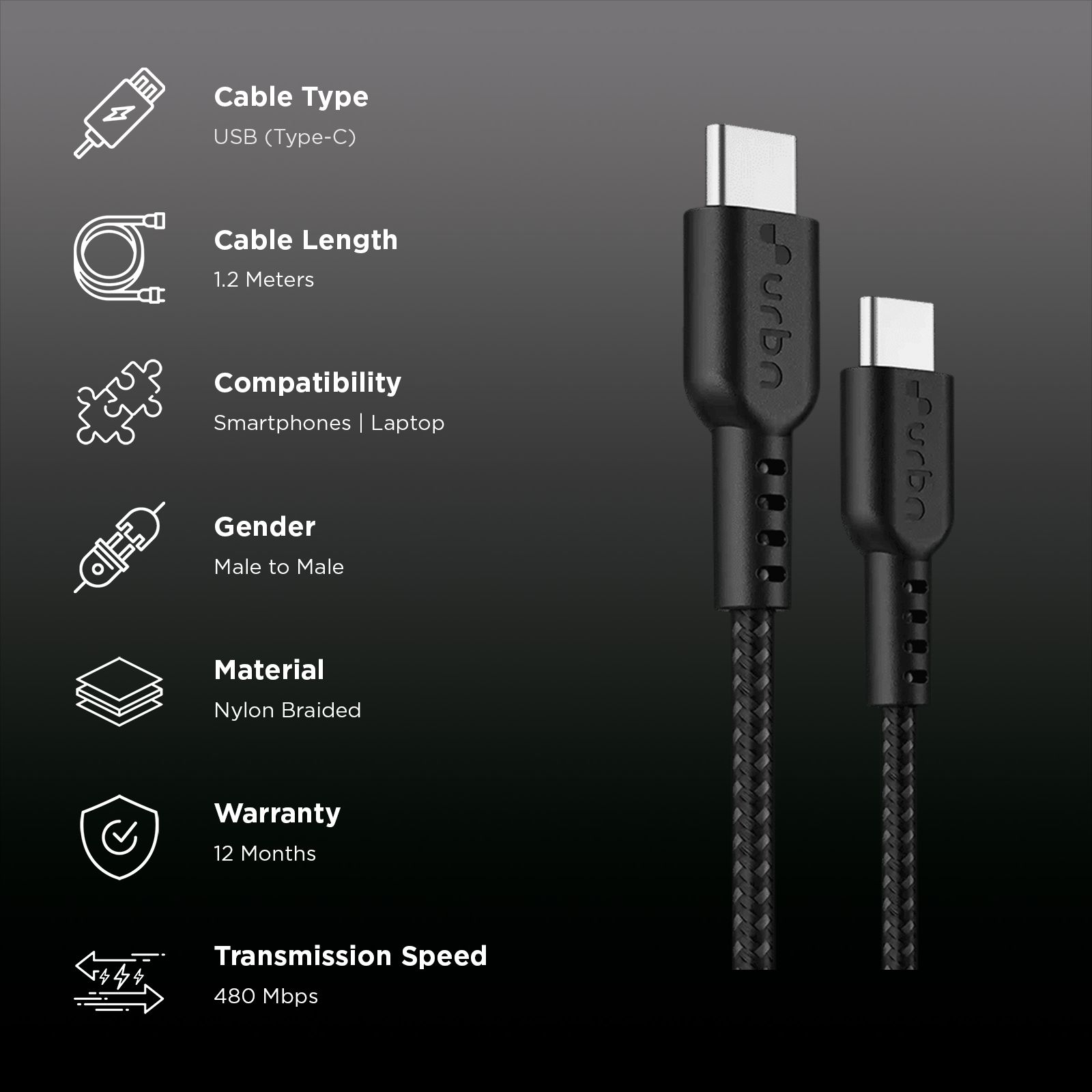 urbn Pro Cord Type C to Type C 4 Feet (1.2M) Cable (Nylon Braided, Black)_2