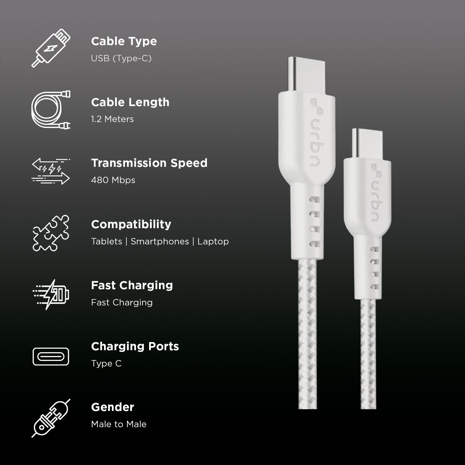 urbn Pro Cord Type C to Type C 4 Feet (1.2M) Cable (Nylon Braided, White)_2