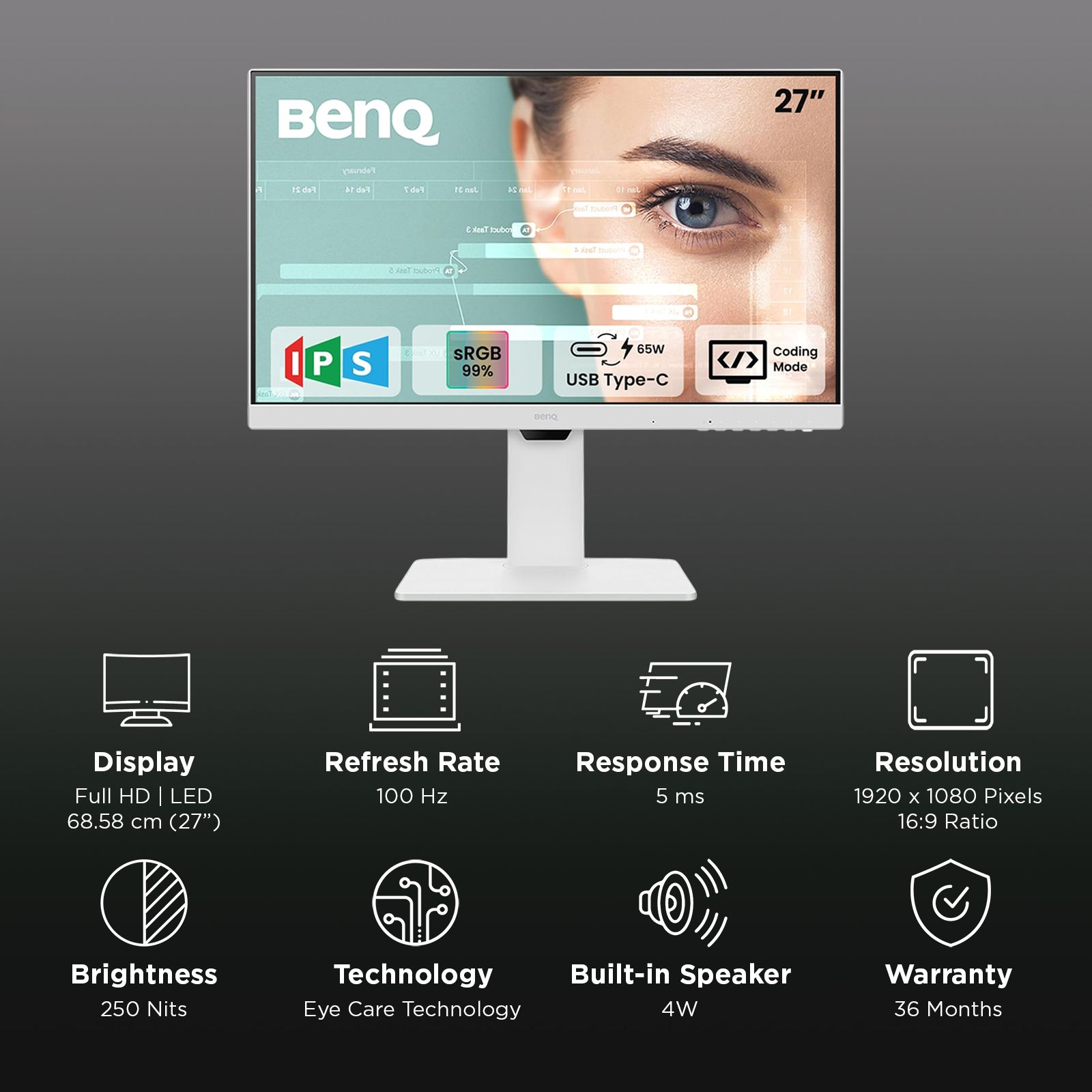 BenQ 68.58 cm (27 inch) Full HD IPS Panel LED Height Adjustable Monitor with 4W Inbuilt Speakers_3