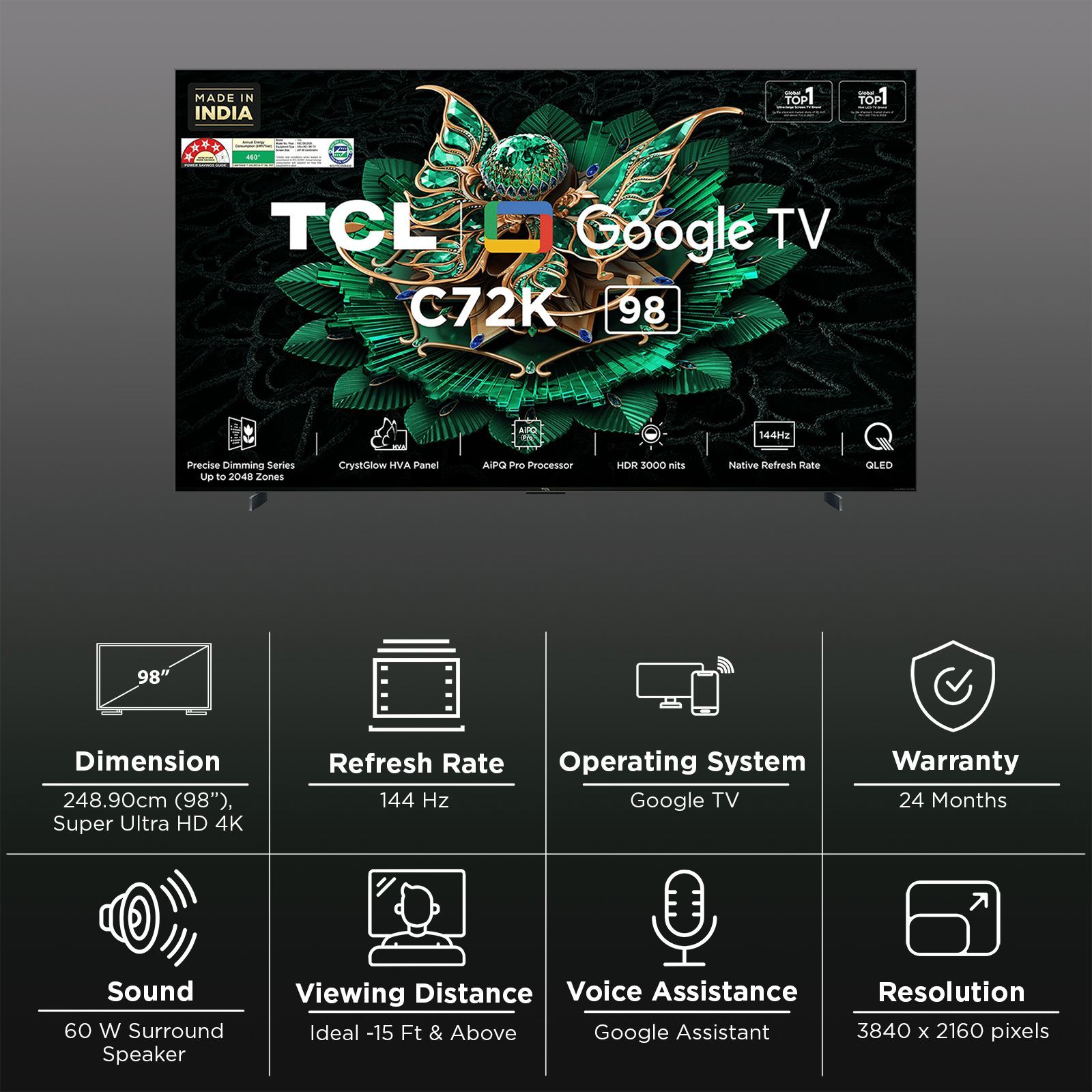 TCL C72K 248.9 cm (98 inch) 4k Ultra HD Google TV with Precise Dimming Technology (2025 model)_3