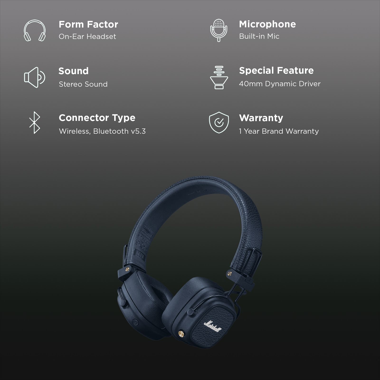 Marshall Major V Bluetooth Headphone with Mic (100 Hours Playtime, On Ear, Midnight Blue)_2