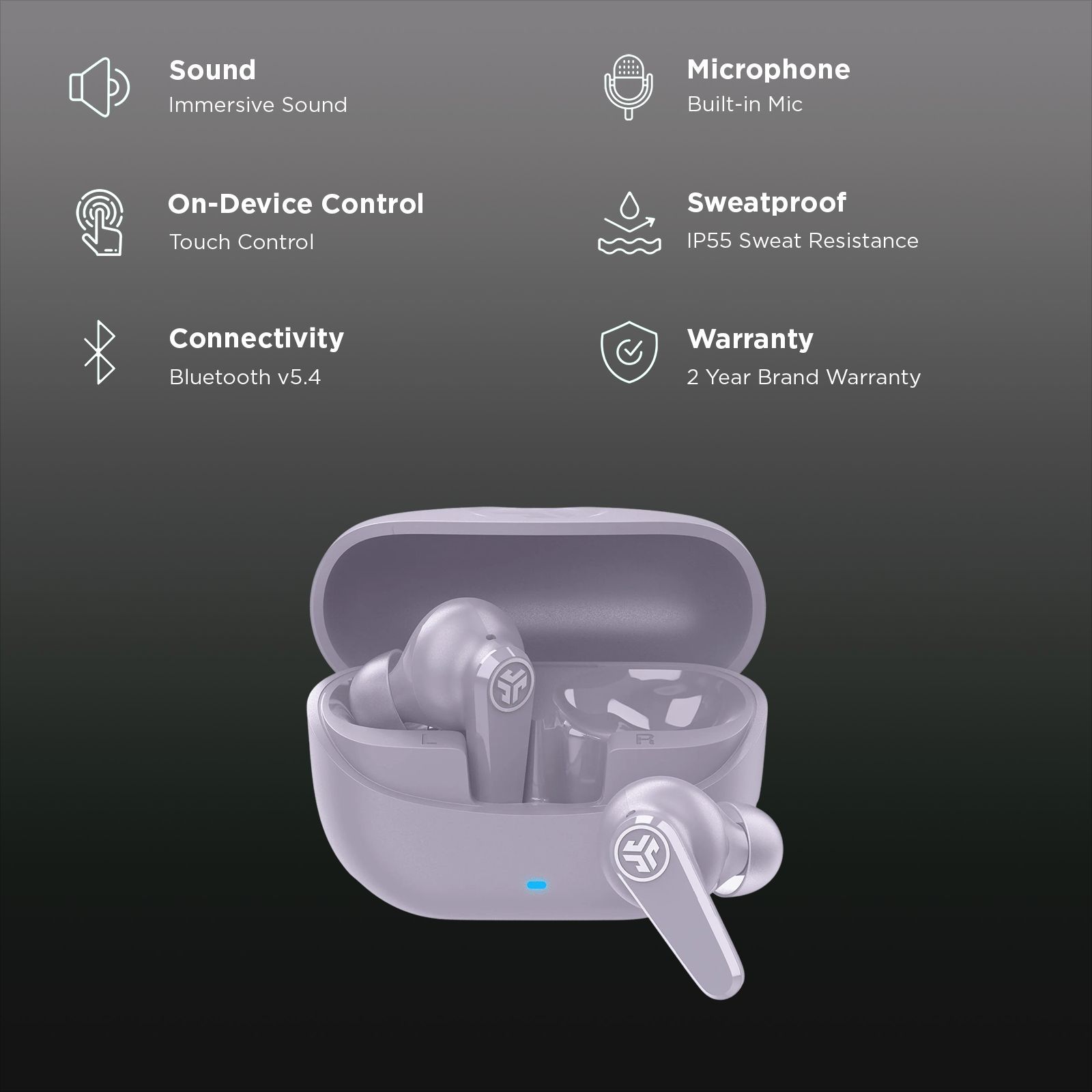 JLAB Go Pods TWS Earbuds with Hybrid Active Noise Cancellation (IP55 Sweatproof, Google Fast Pair, Lilac)_3