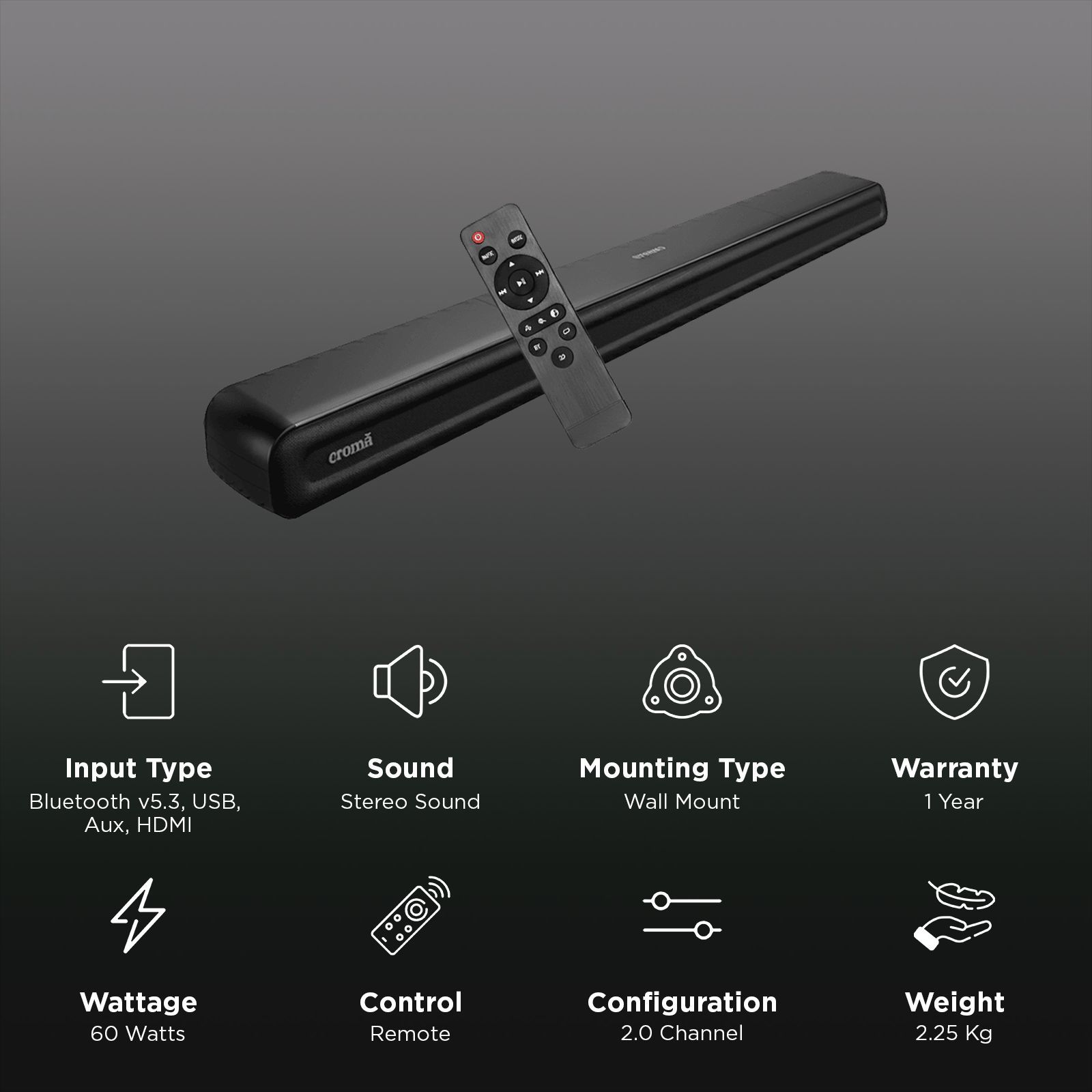 Croma 60W Bluetooth Soundbar with Remote Control (Stereo Sound, 2.0 Channel, Premium Black)_2