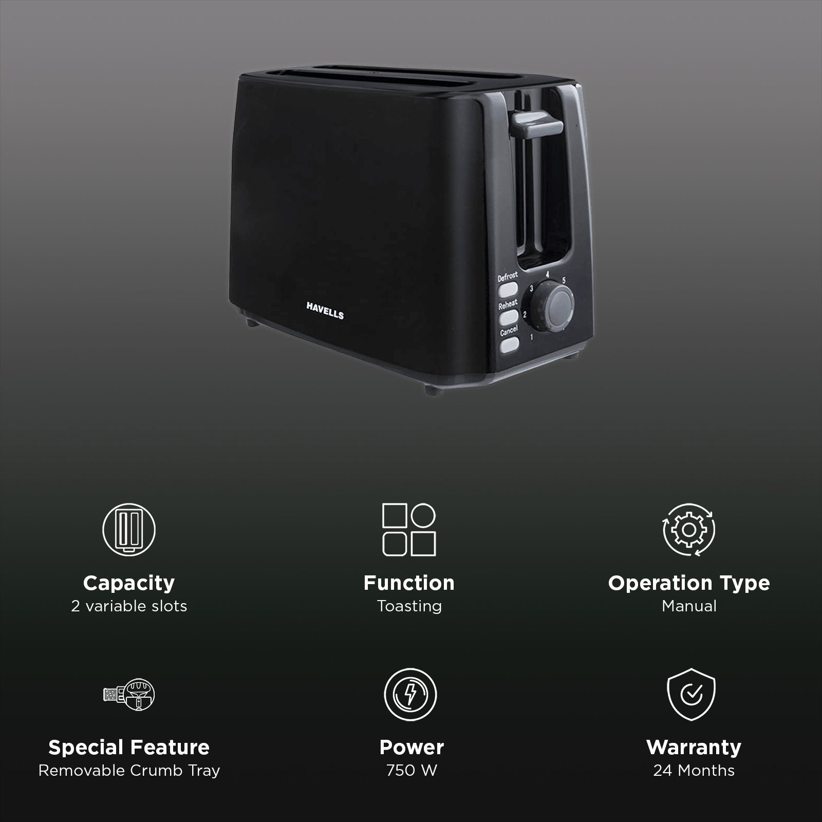 HAVELLS Crisp Plus 750W 2 Slice Pop-Up Toaster with 7 Temperature Settings (Black)_3