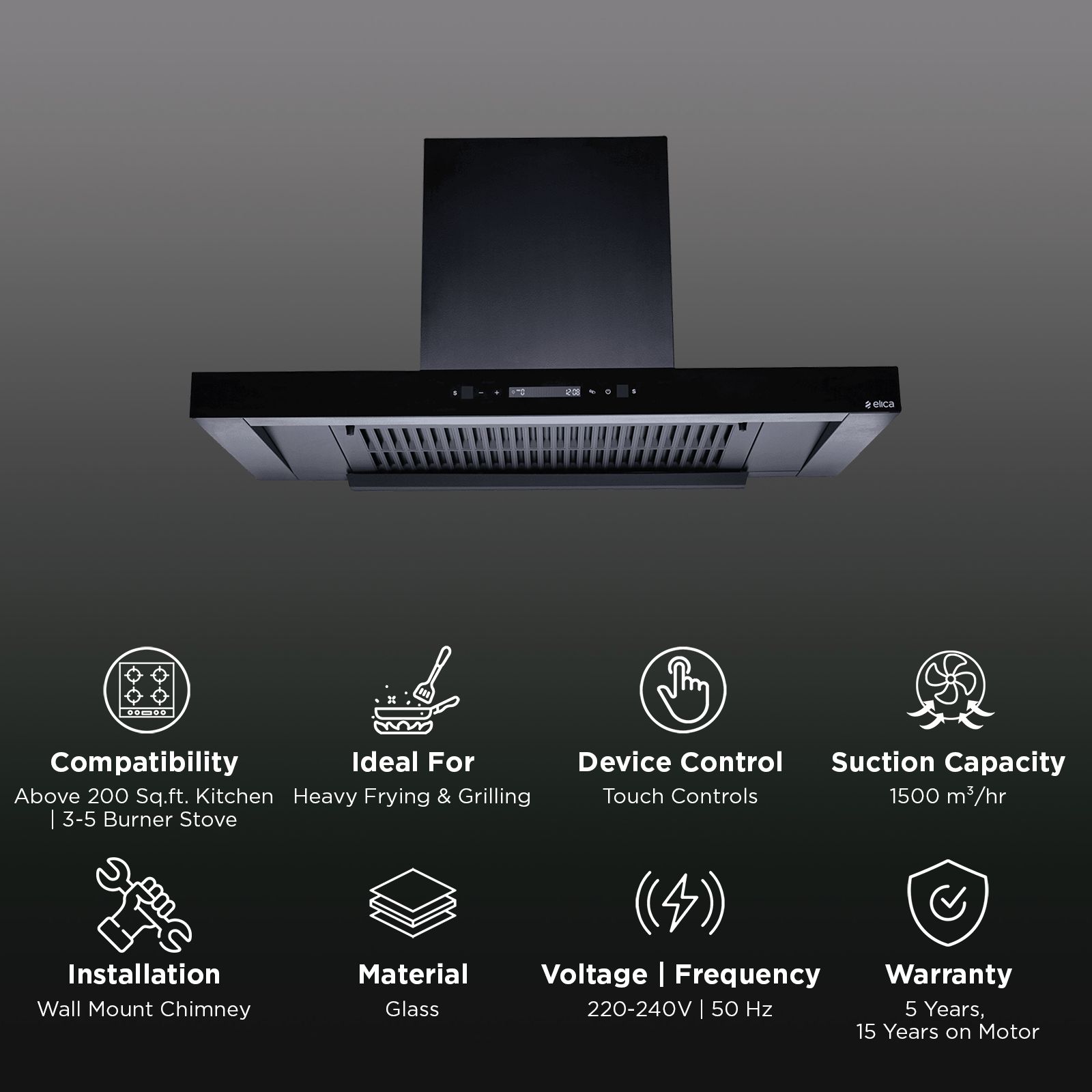 elica FL T90 BLDC HAC LTW MS NERO 90cm 1500m3/hr Ductless Auto Clean Wall Mounted Chimney with Motion Sensor (Black) elica FL T90 BLDC HAC LTW MS NERO 90cm 1500m3/hr Ductless Auto Clean Wall Mounted Chimney with Motion Sensor (Black)_3