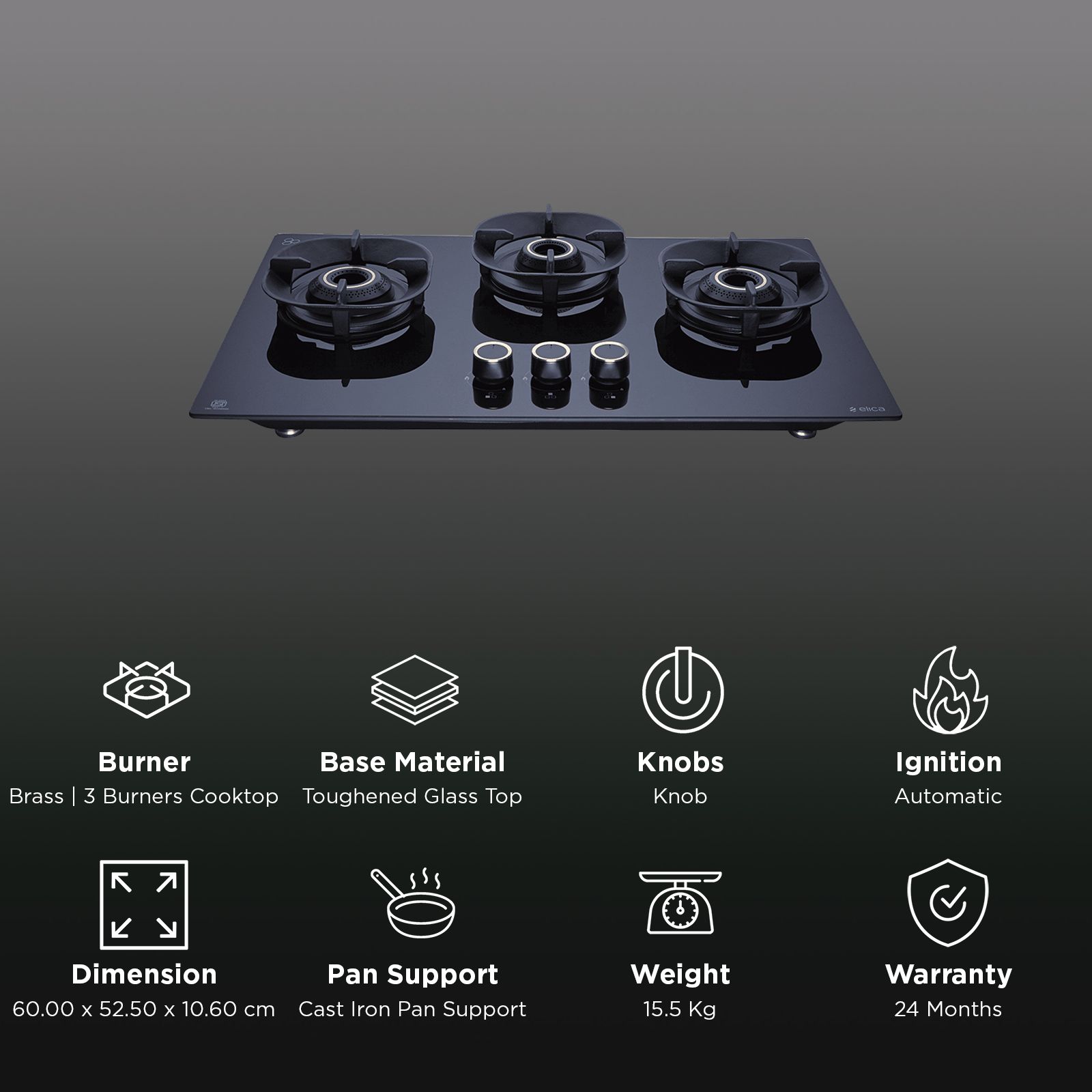 elica CROWN FLEXI 360 LOTUS IND HD BRASS Toughened Glass Top 3 Burner Automatic Hob (Multi Flame Burners, Black Glass)_3