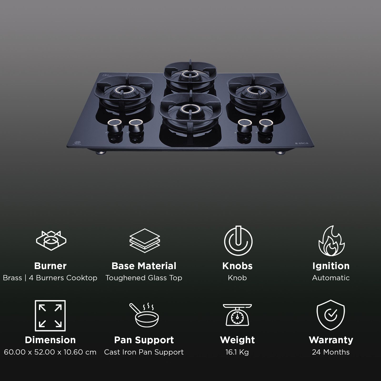 elica CROWN FLEXI 460 LOTUS IND HD BRASS Toughened Glass Top 4 Burner Automatic Hob (Multi Flame Burners, Black Glass)_3