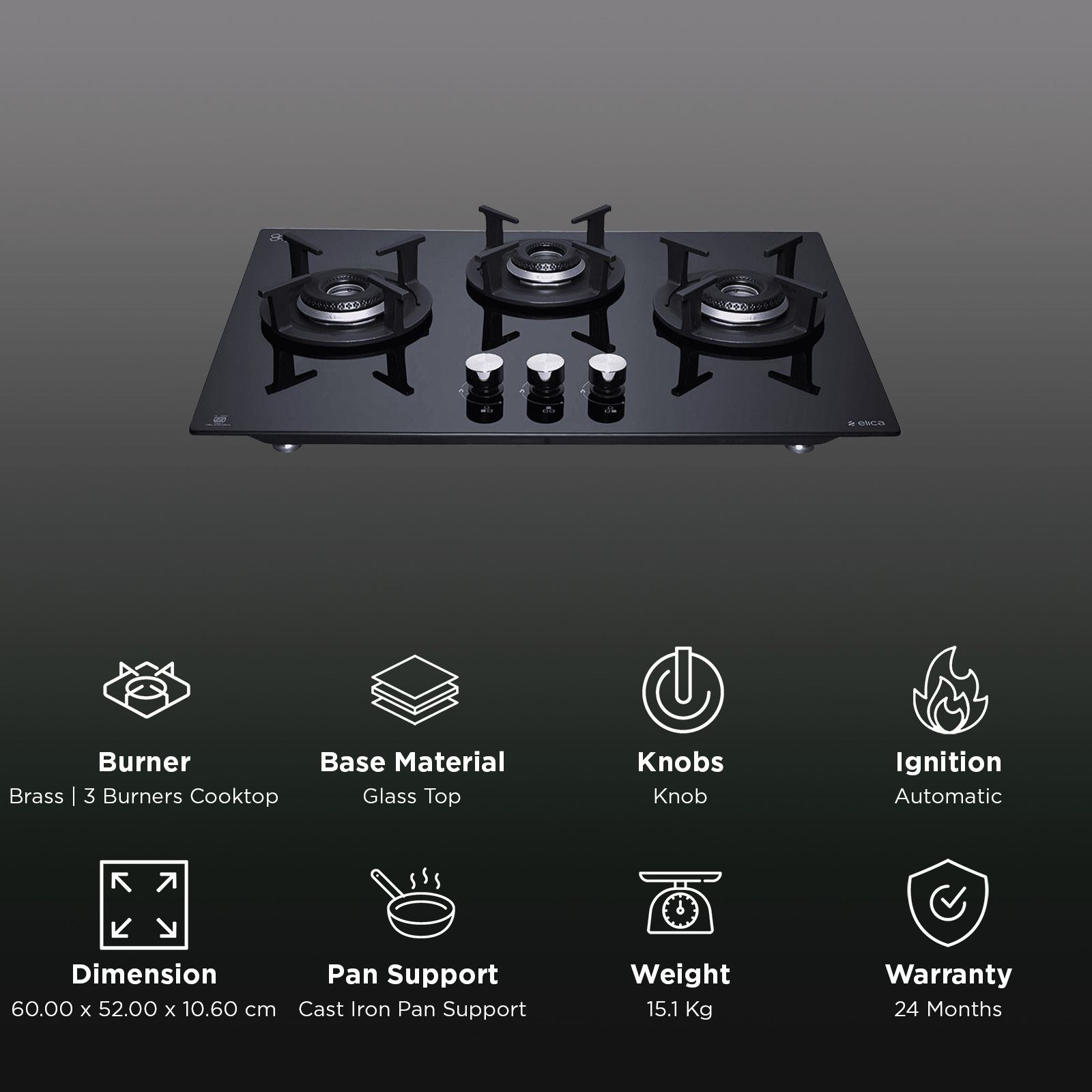 elica FLEXI HCT 360 DX LOTUS BK 3 Burner Automatic Hob (Round Cast Iron Pan Support, Black) elica FLEXI HCT 360 DX LOTUS BK 3 Burner Automatic Hob (Round Cast Iron Pan Support, Black)_3