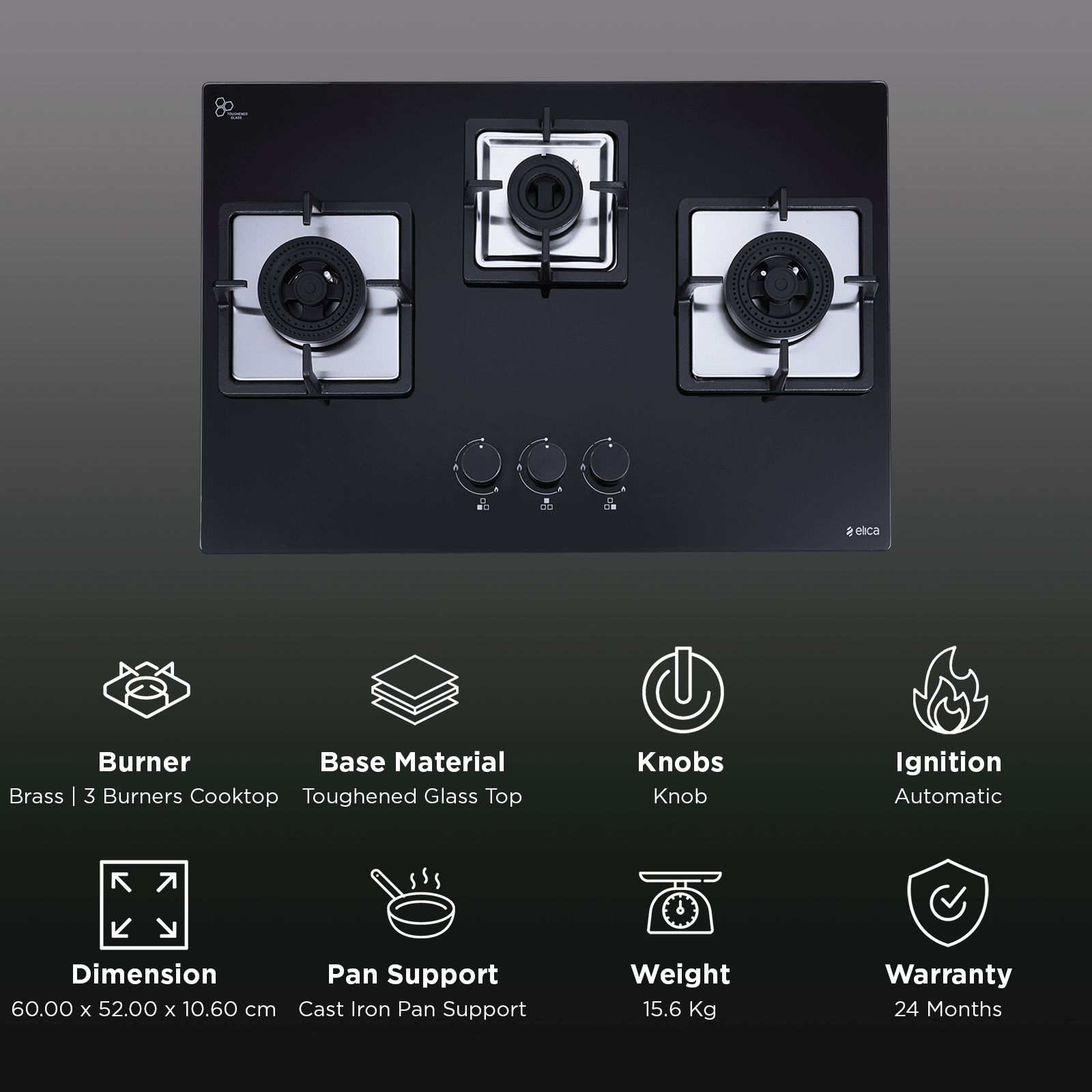 elica IND FLEXI AB 360 DX DFS Toughened Glass Top 3 Burner Automatic Hob (Cast Iron Pan Support, Black)_3