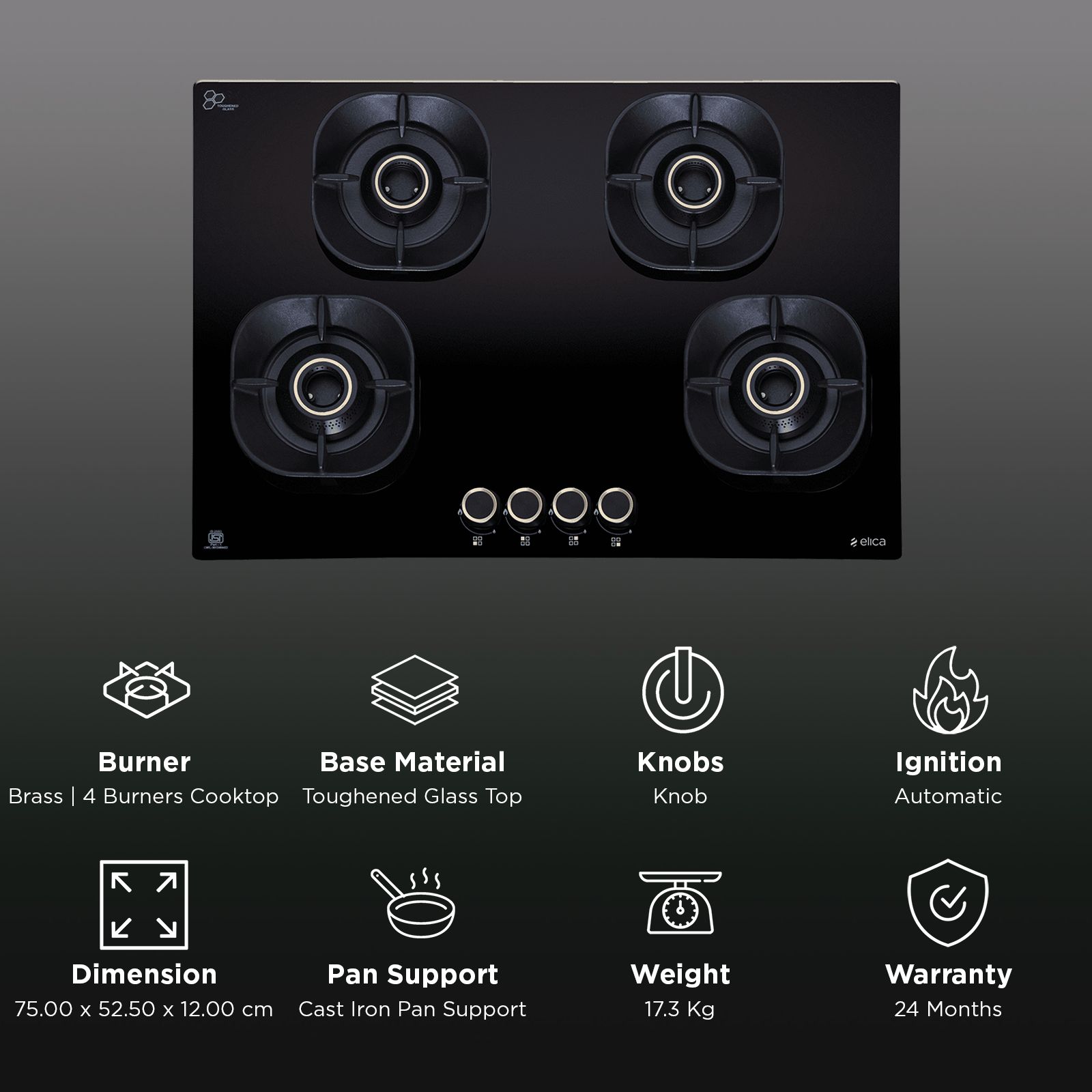 elica CROWN FLEXI 475 LOTUS IND HD BRASS Toughened Glass Top 4 Burner Automatic Hob (Multi Flame Burners, Black Glass)_3