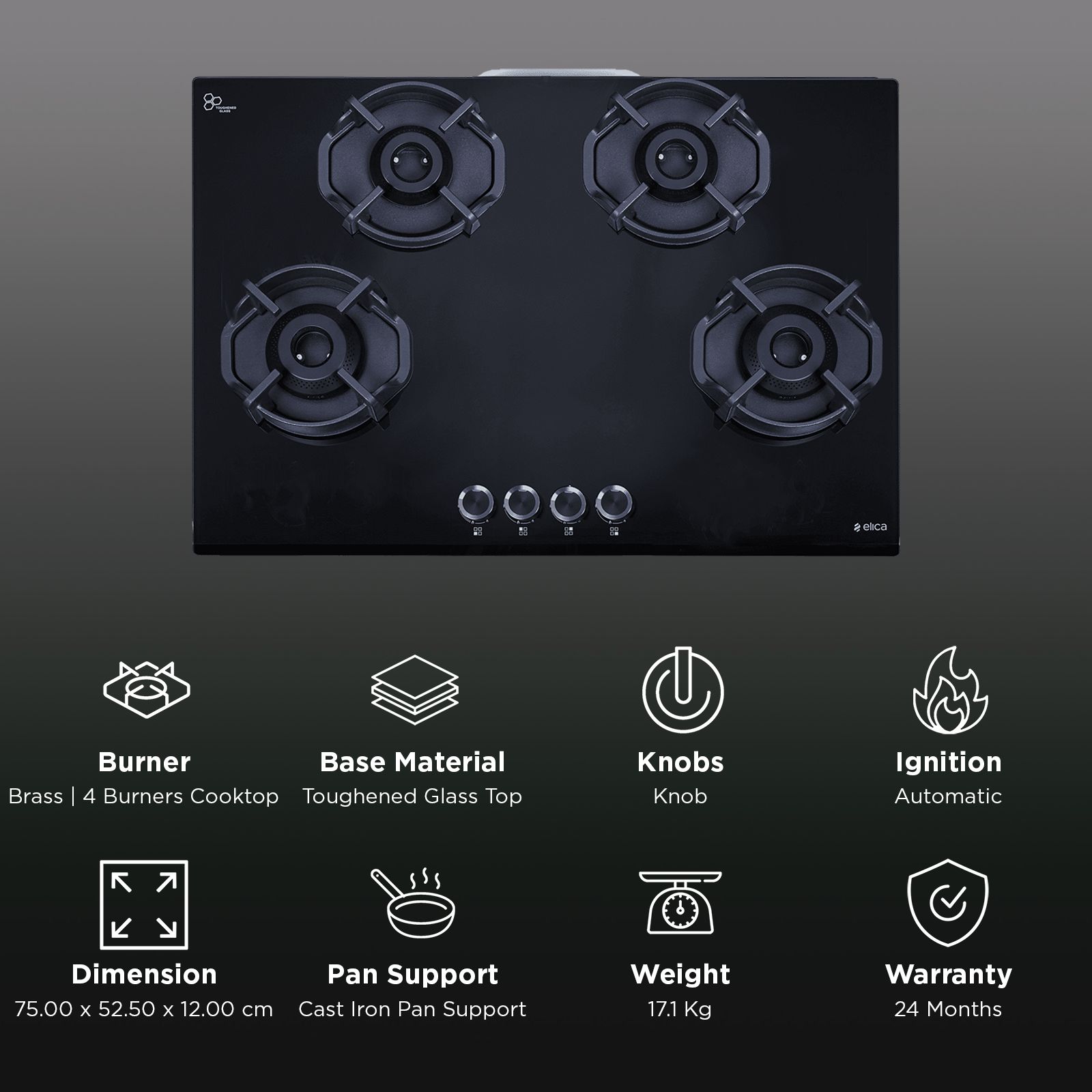 elica FLEXI HEXA 475 RS LOTUS IND HD BRASS Toughened Glass Top 4 Burner Automatic Hob (Multi Flame Burners, Black Glass)_3
