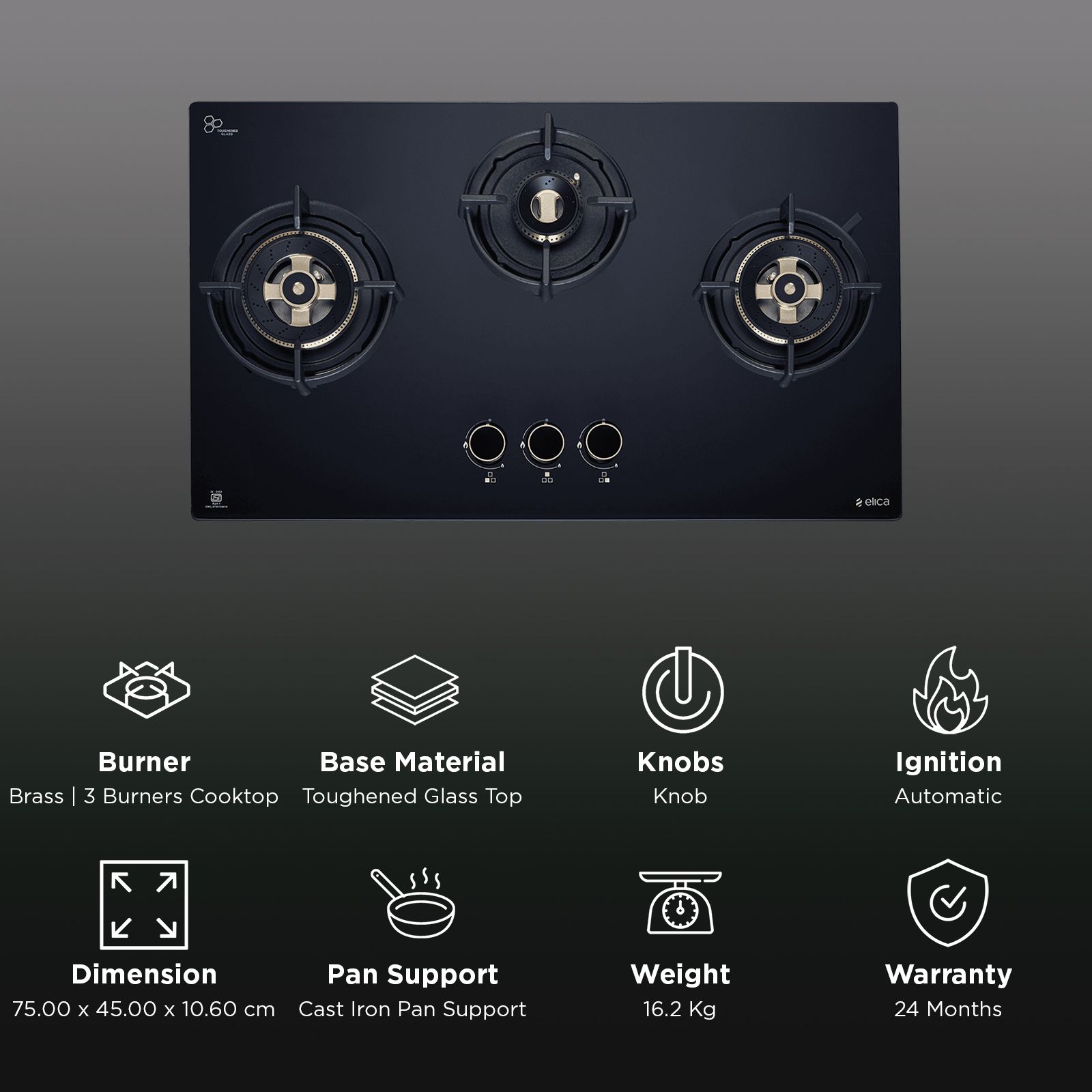 elica FLEXI DFS HE FB 3B 75 DX Toughened Glass Top 3 Burner Automatic Hob (Multi Flame Burners, Black Glass)_3