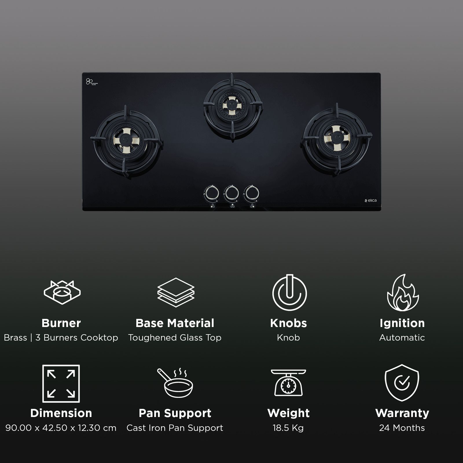 elica FLEXI DFS FB MFC 3B 90 DX FFD Toughened Glass Top 3 Burner Automatic Hob (Direct Multi Flame Burners, Black Glass)_3