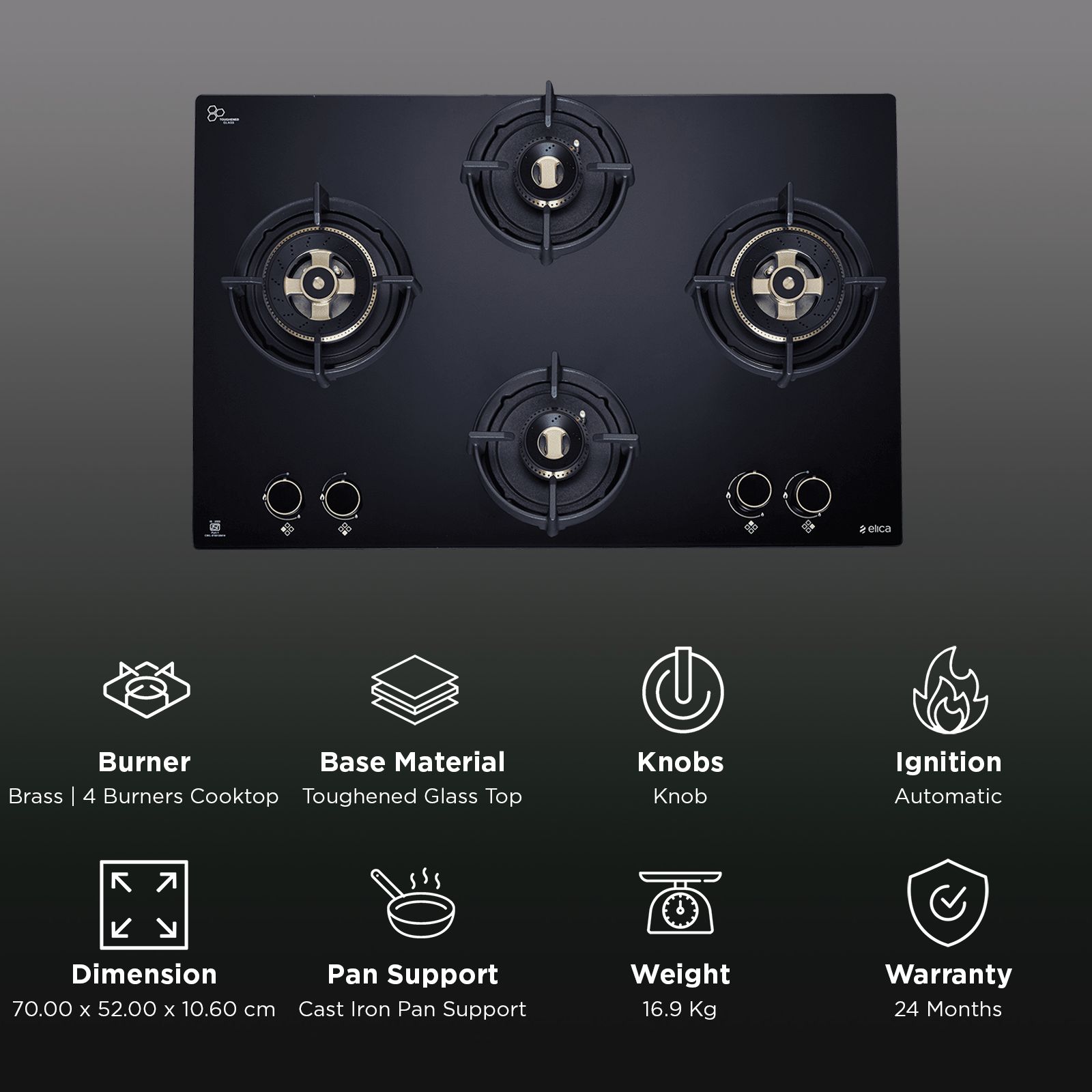 elica FLEXI DFS HE FB 4B 70 DX Toughened Glass Top 4 Burner Automatic Hob (Direct Multi Flame Burners, Black Glass)_3