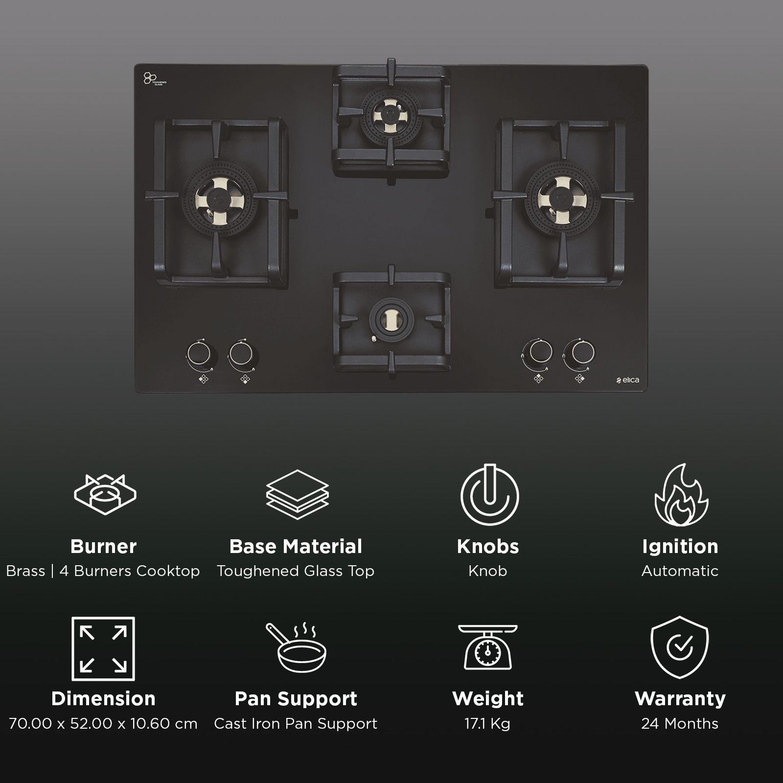 elica DFS PRO FB 4B 70 DX Toughened Glass Top 4 Burner Automatic Hob (Direct Multi Flame Burners, Black Glass)_3