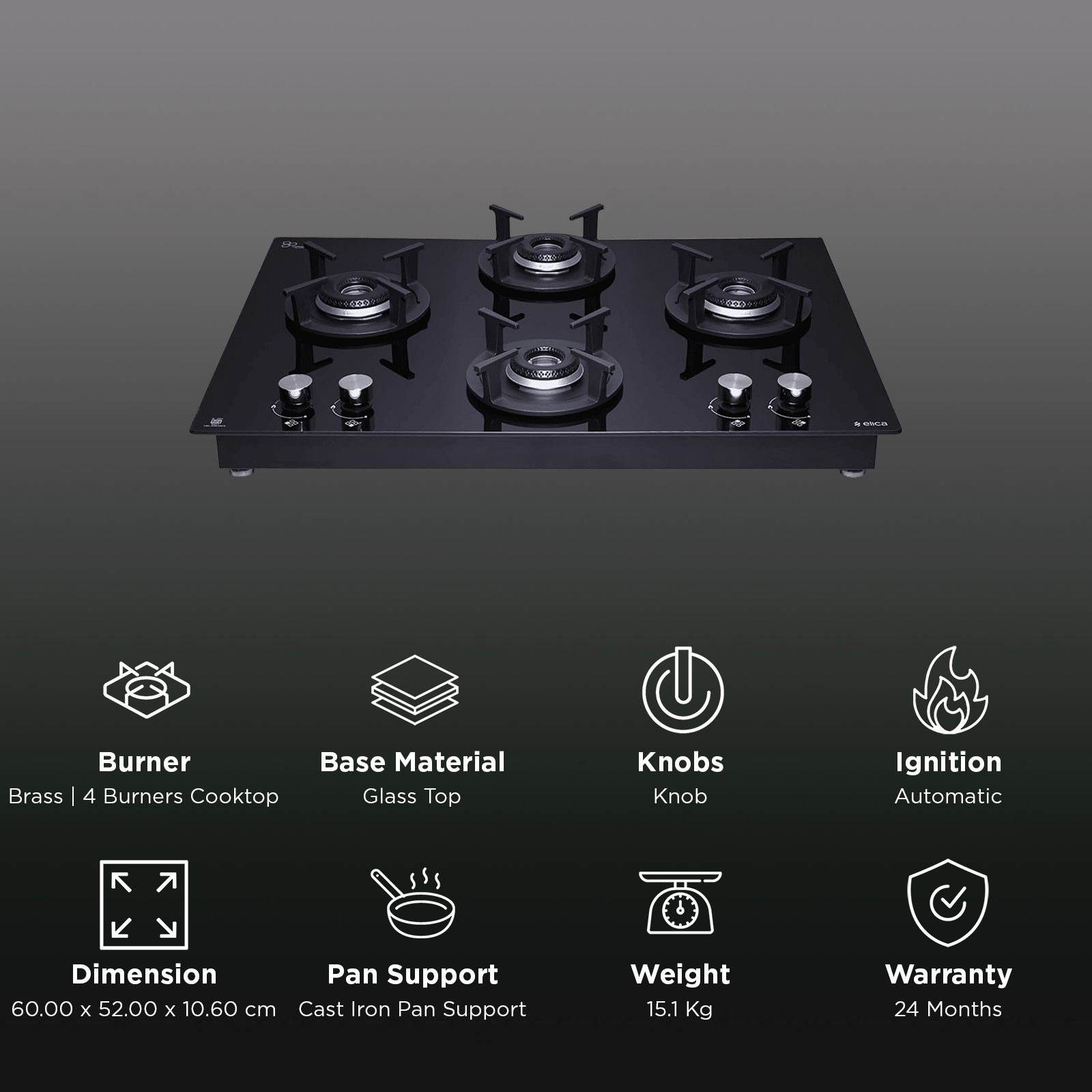 elica FLEXI HCT 460 DX LOTUS BK 4 Burner Automatic Hob (Round Cast Iron Pan Support, Black)_3