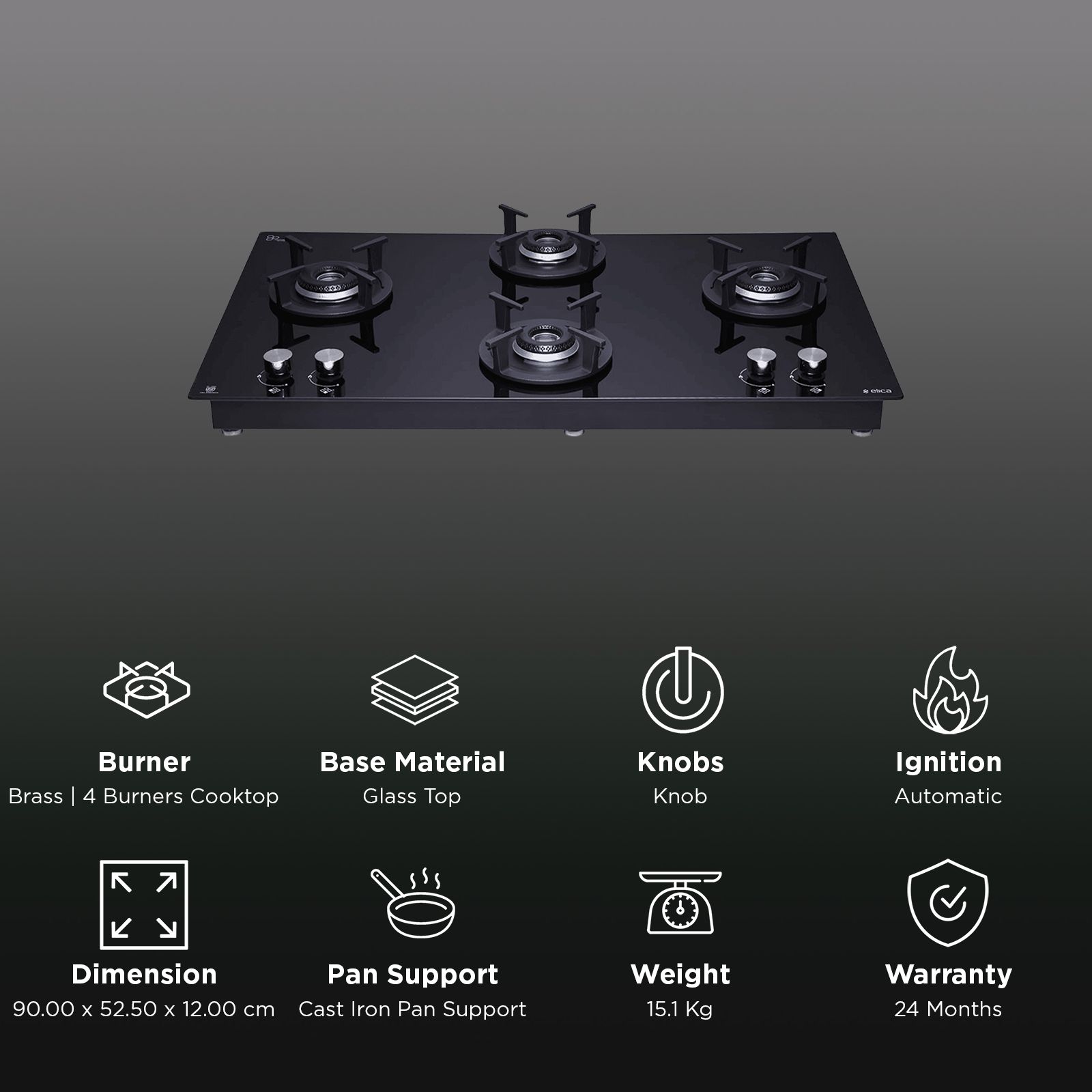elica ‎RG FLEXI HCT DX LOTUS BK 4 Burner Automatic Hob (Round Cast Iron Pan Support, Black)_3