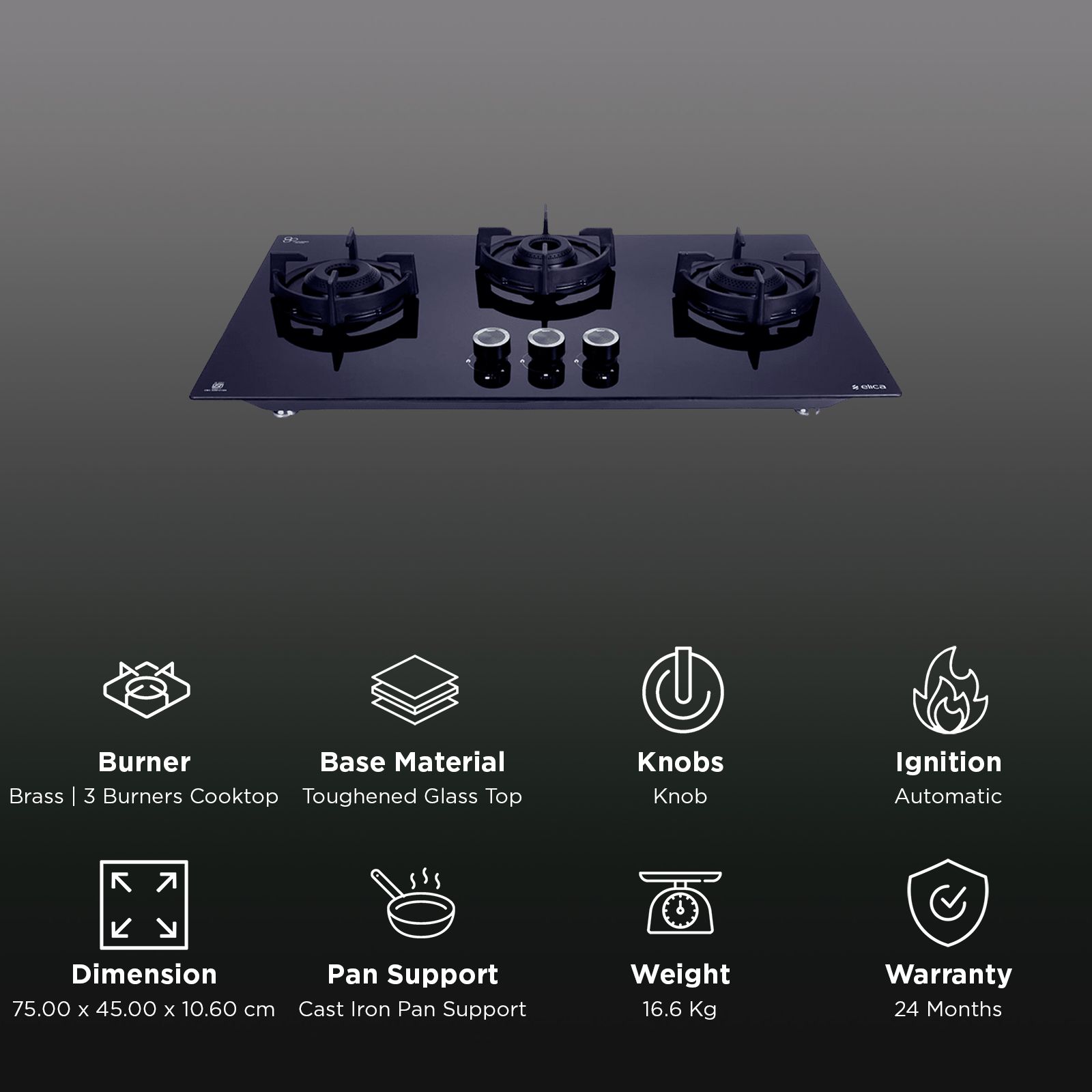elica FLEXI 375 LOTUS IND HD BRASS Toughened Glass Top 3 Burner Automatic Hob (Cast Iron Pan Support with Heat Guard, Black)_3